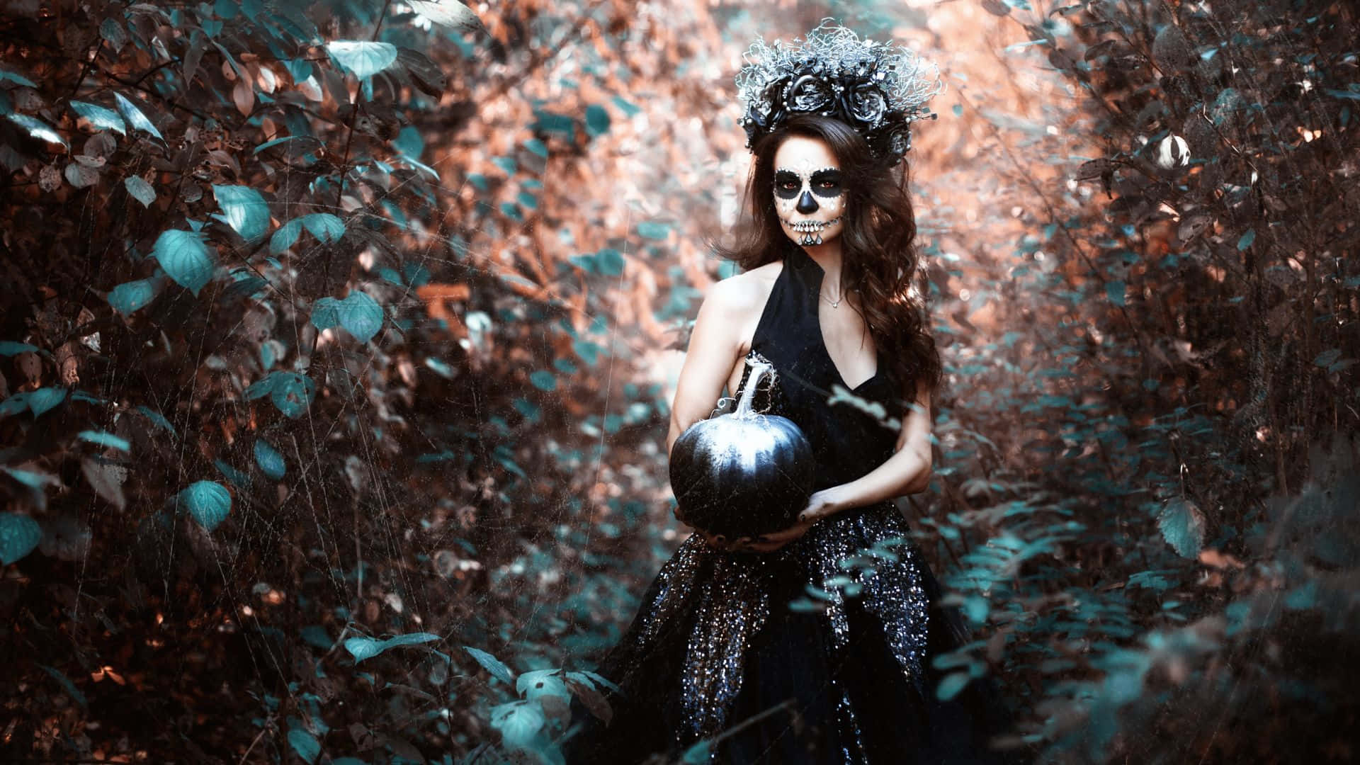 sugar skull makeup, floral crown, black pumpkin, Full HD Desktop Wallpaper