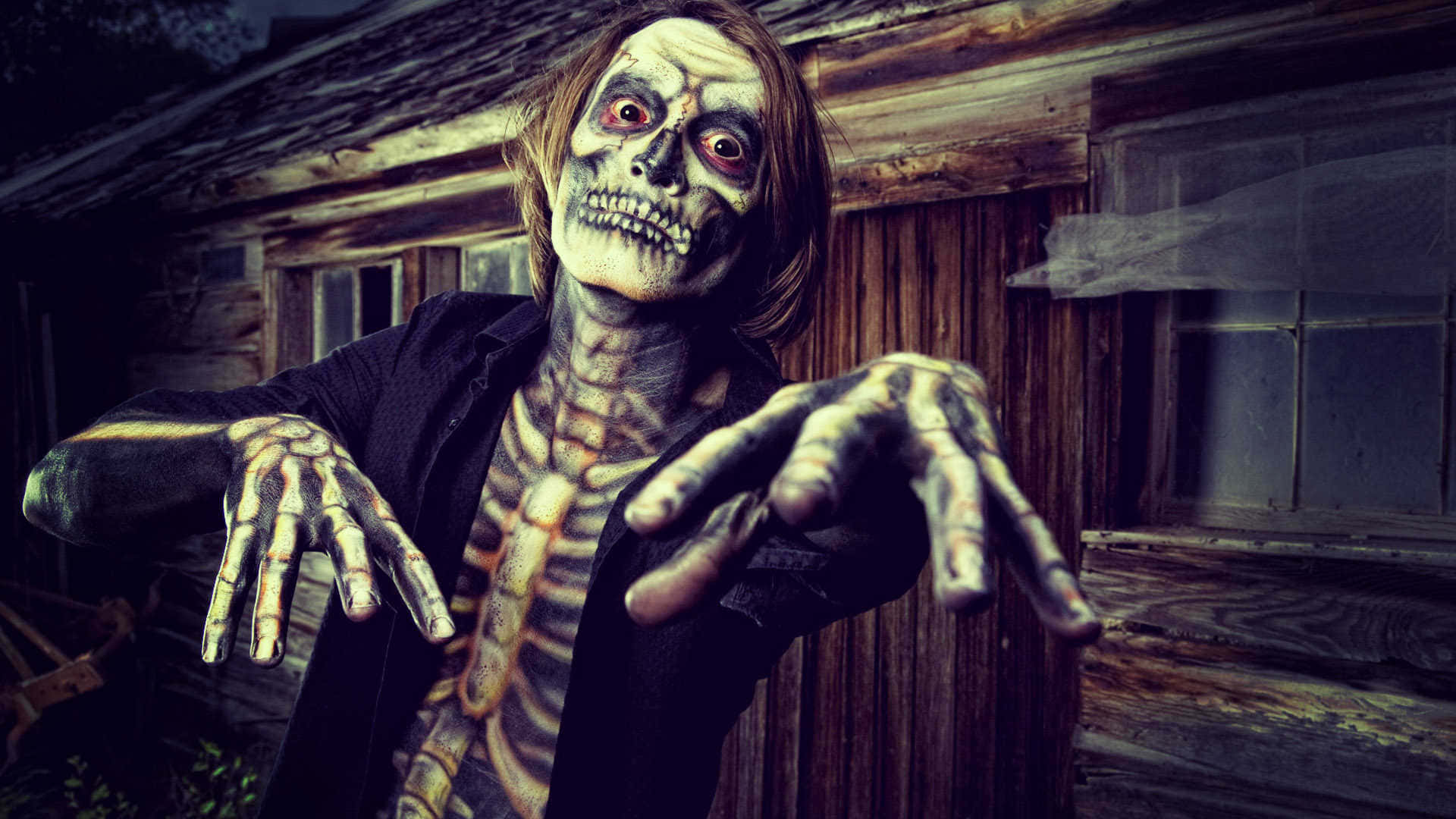 skeletal figure, glowing red eyes, long hair, Full HD Desktop Wallpaper