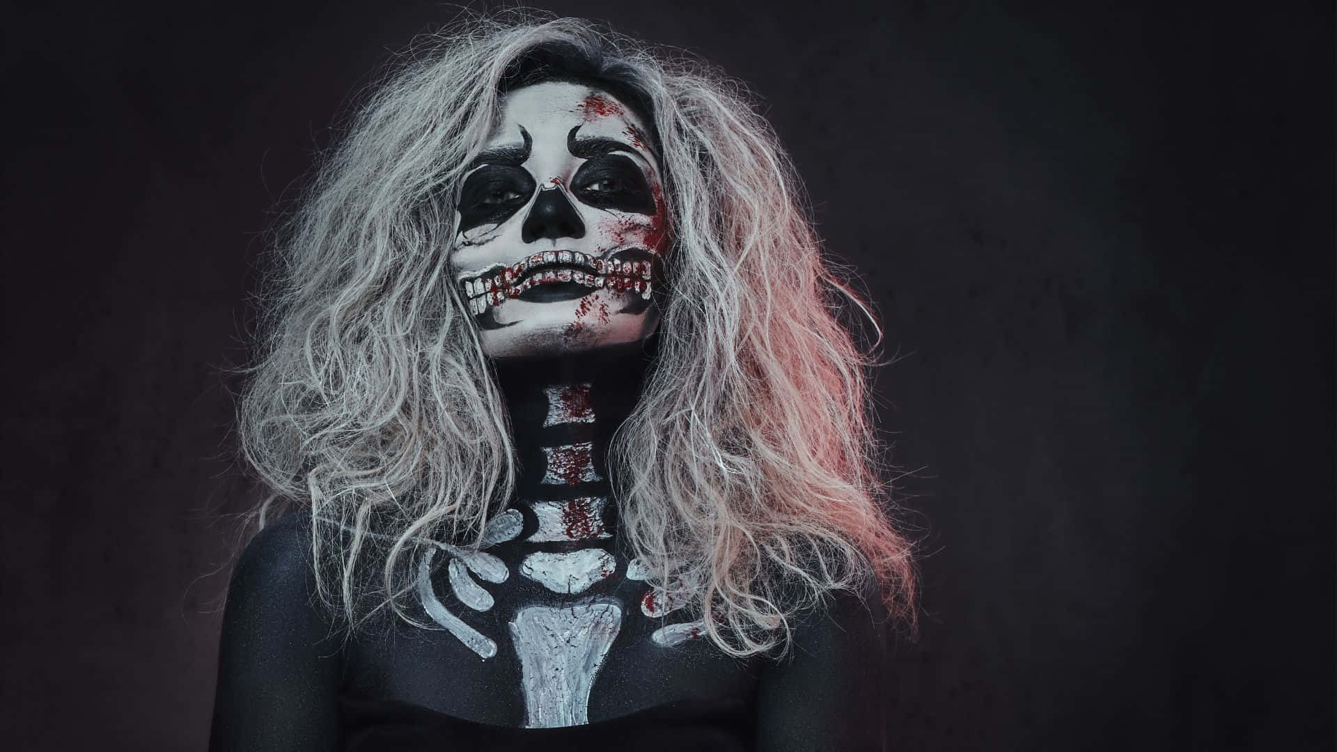 skull makeup, painted bones, dark background, Full HD Desktop Wallpaper