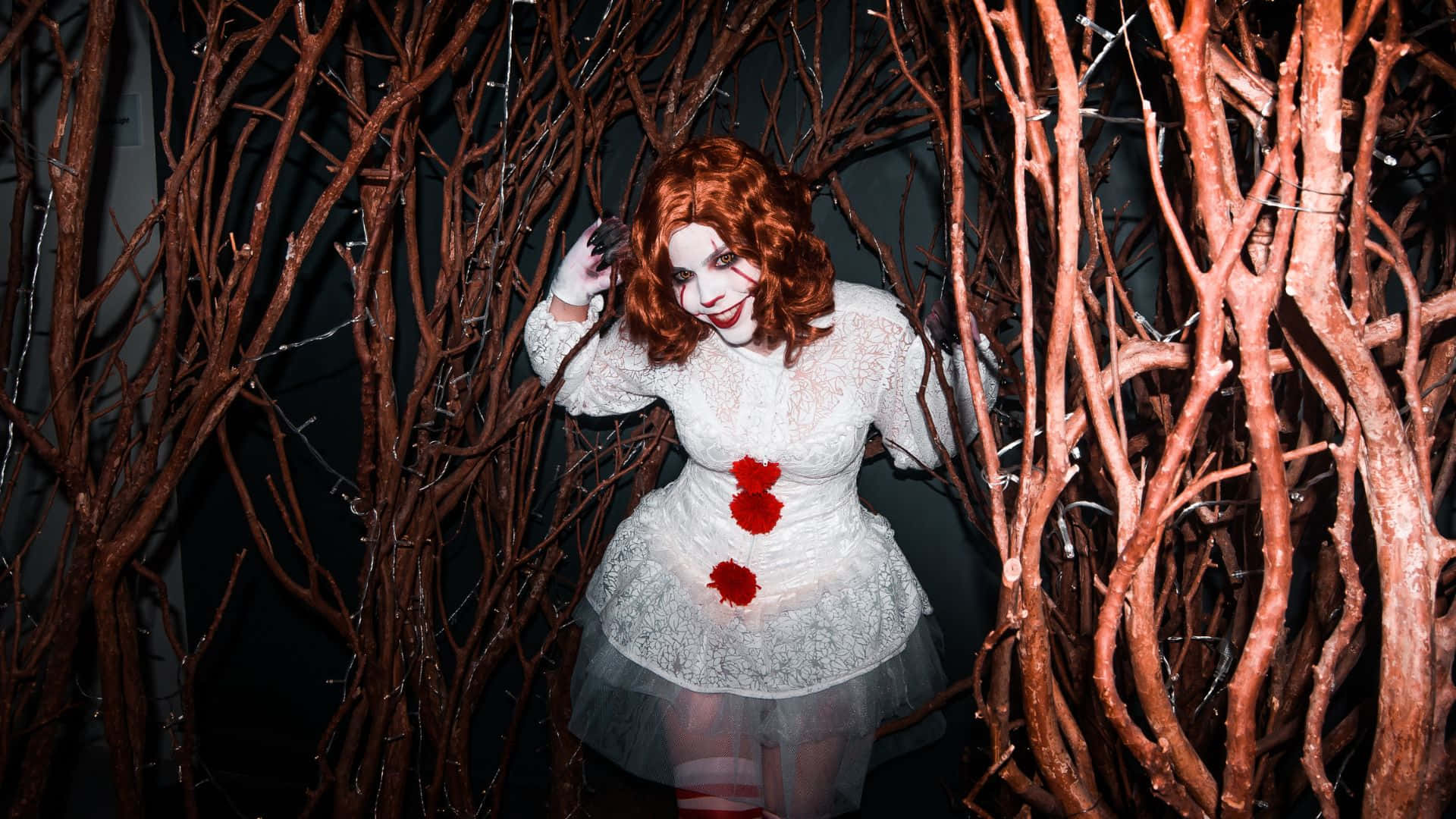 white lace dress, red floral accents, tangled reddish-brown branches, Full HD Desktop Wallpaper