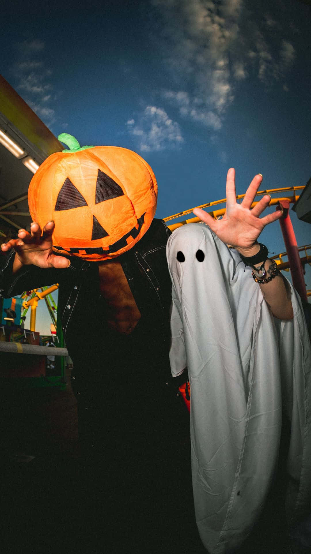 pumpkin head costume, ghost outfit, roller coaster, Full HD Phone Wallpaper
