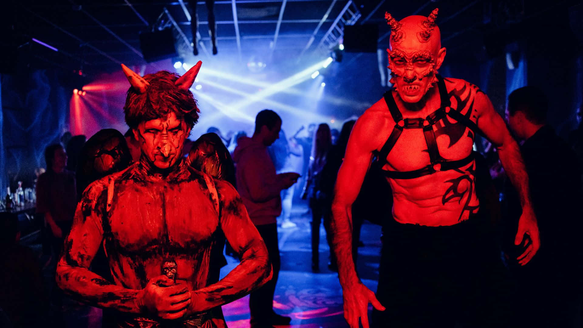 devil costumes, red face paint, horns, Full HD Desktop Wallpaper