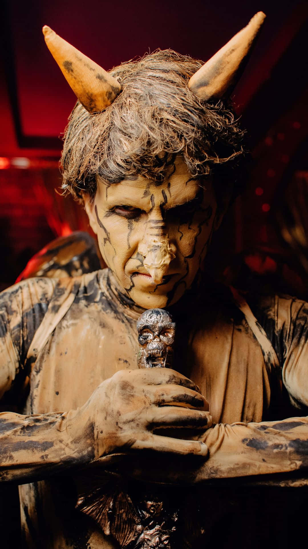 demonic costume, horns, cracked face paint, Full HD Phone Wallpaper