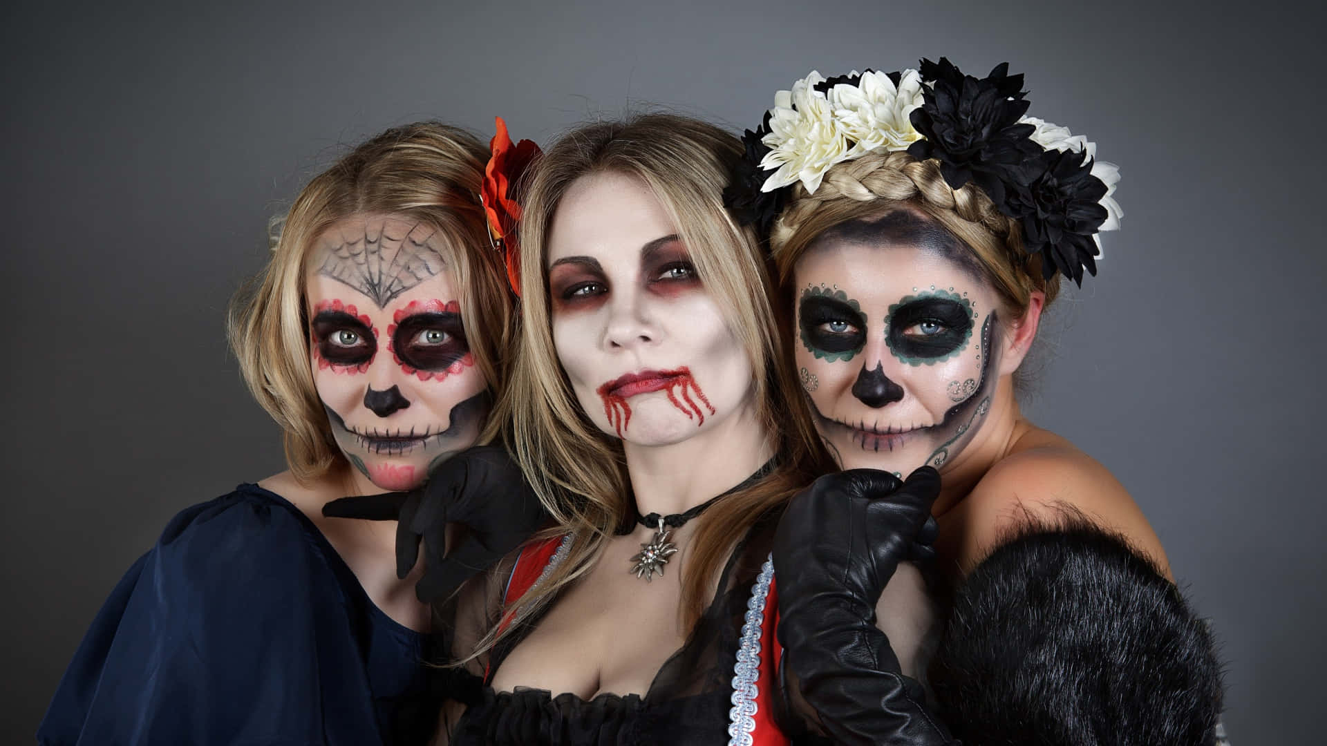 sugar skull makeup, three women, plain gray background, Full HD Desktop Wallpaper