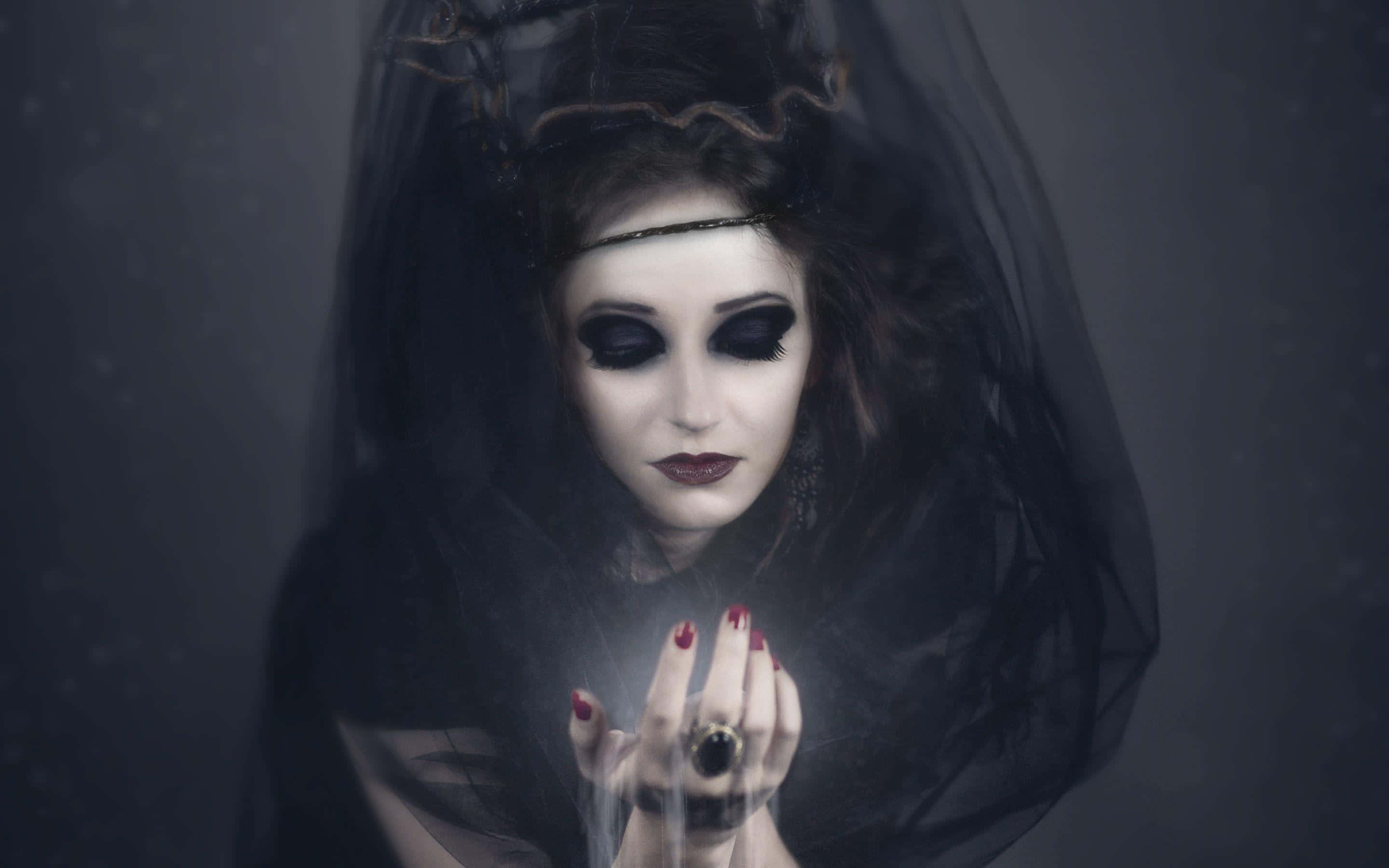 black veil, dramatic makeup, glowing orb, 2K Desktop Wallpaper