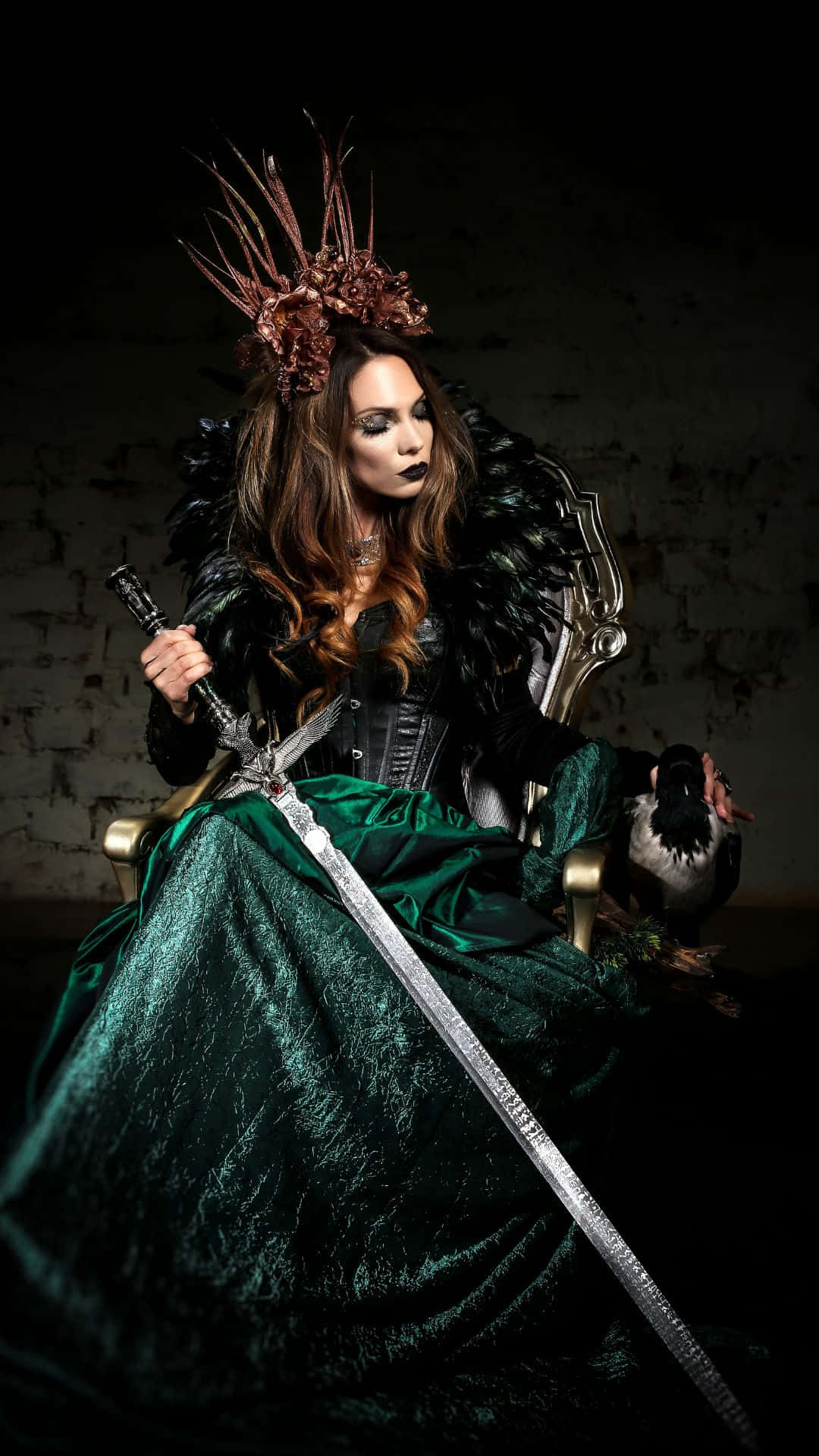 green velvet, feathered crown, throne, Full HD Phone Wallpaper