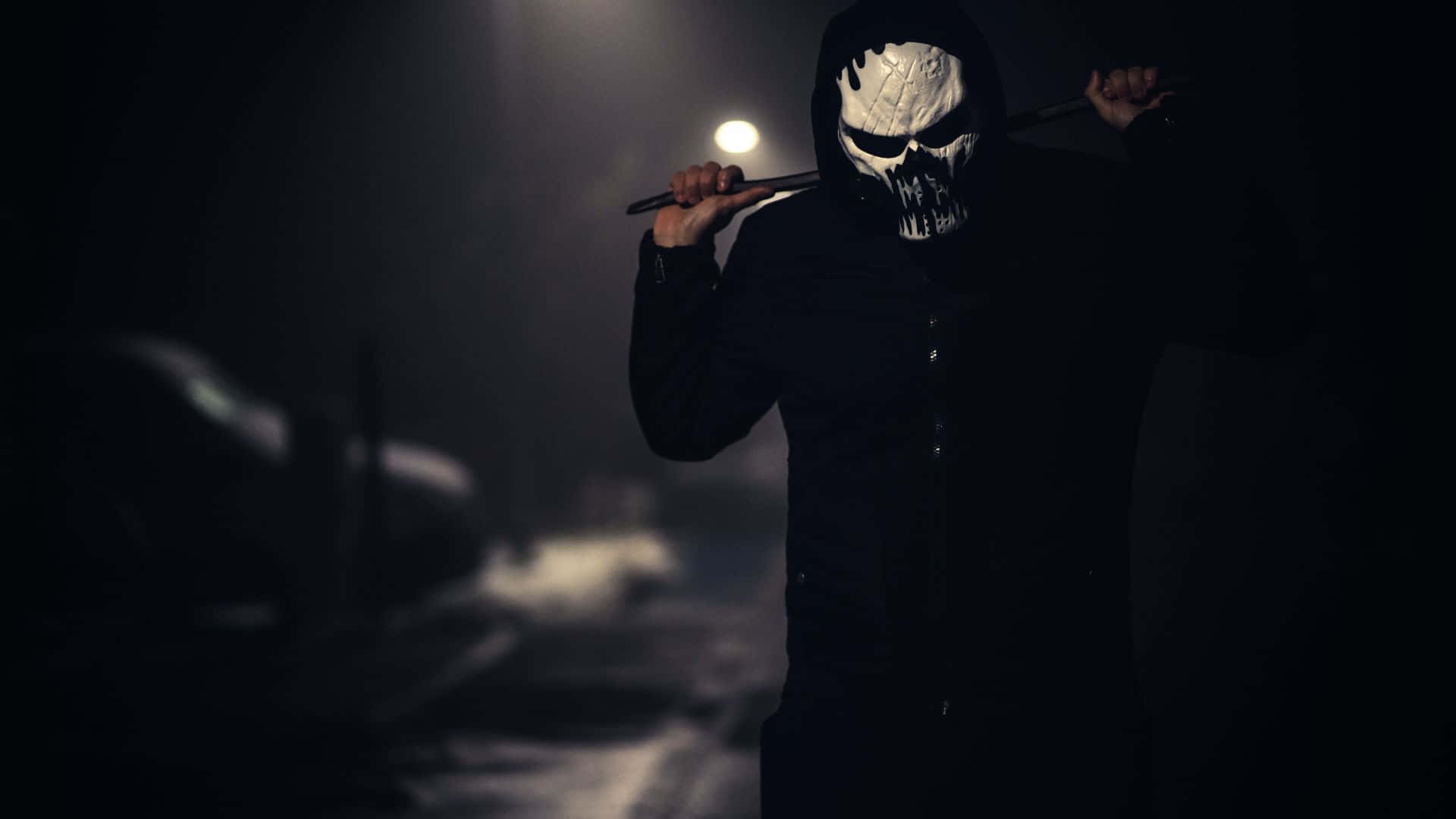 black hoodie, white skull mask, baton, Full HD Desktop Wallpaper