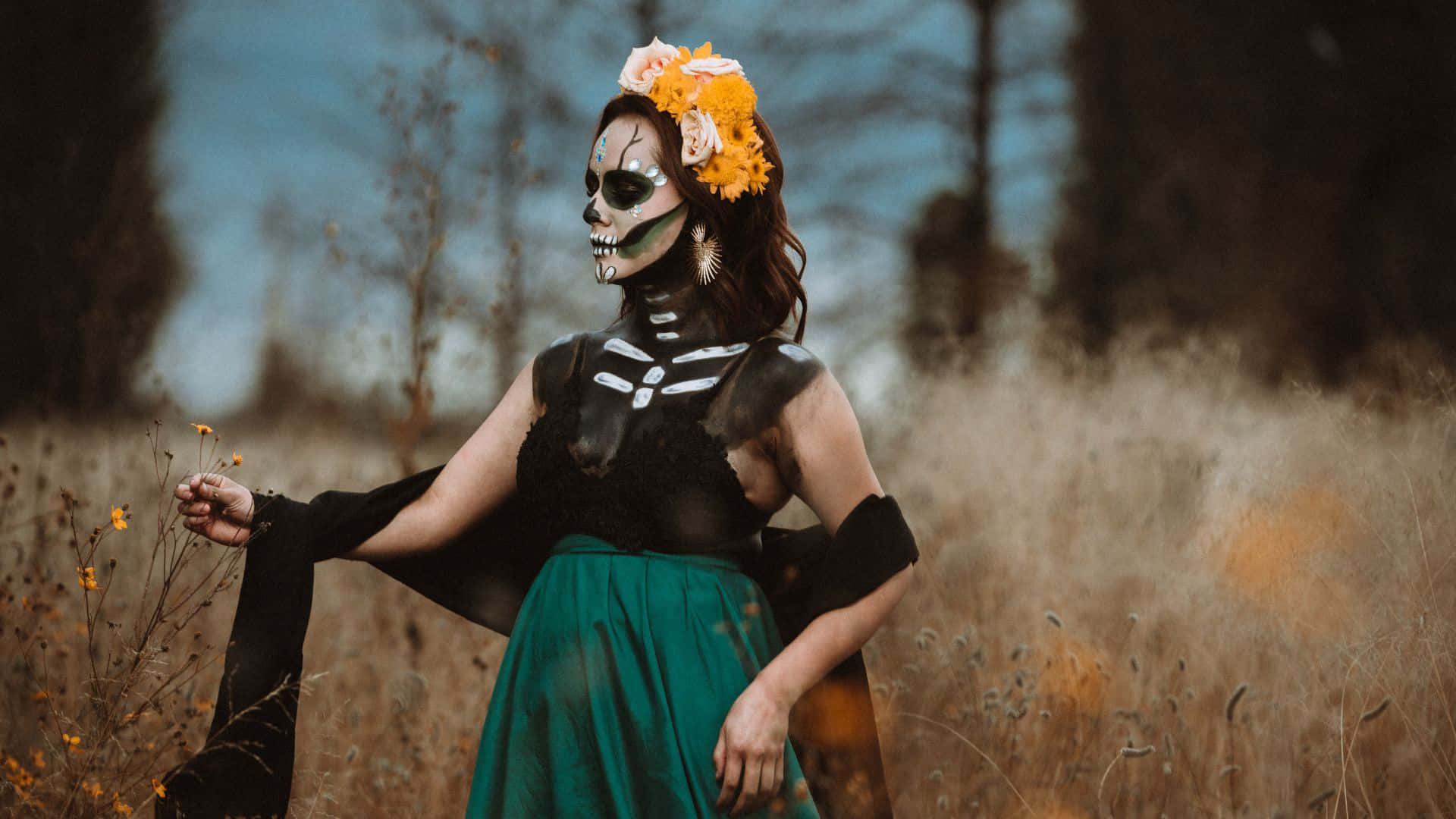 sugar skull makeup, floral crown, field of dry grass, Full HD Desktop Wallpaper