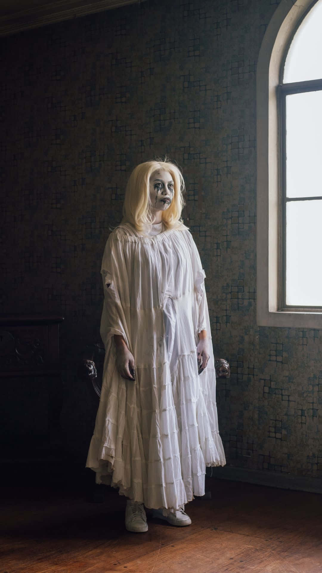 tattered white dress, dimly lit room, patterned wallpaper, Full HD Phone Wallpaper