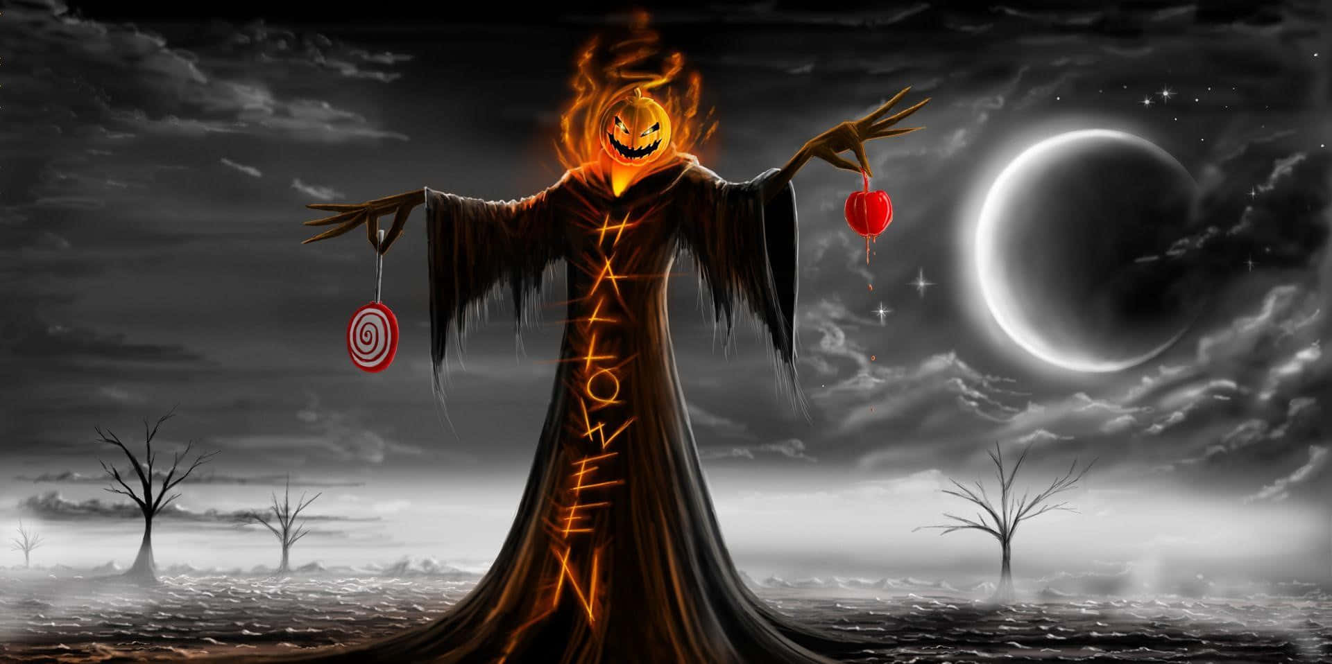 flaming jack-o-lantern-headed scarecrow, glowing orange text, desolate graveyard, Full HD Desktop Wallpaper