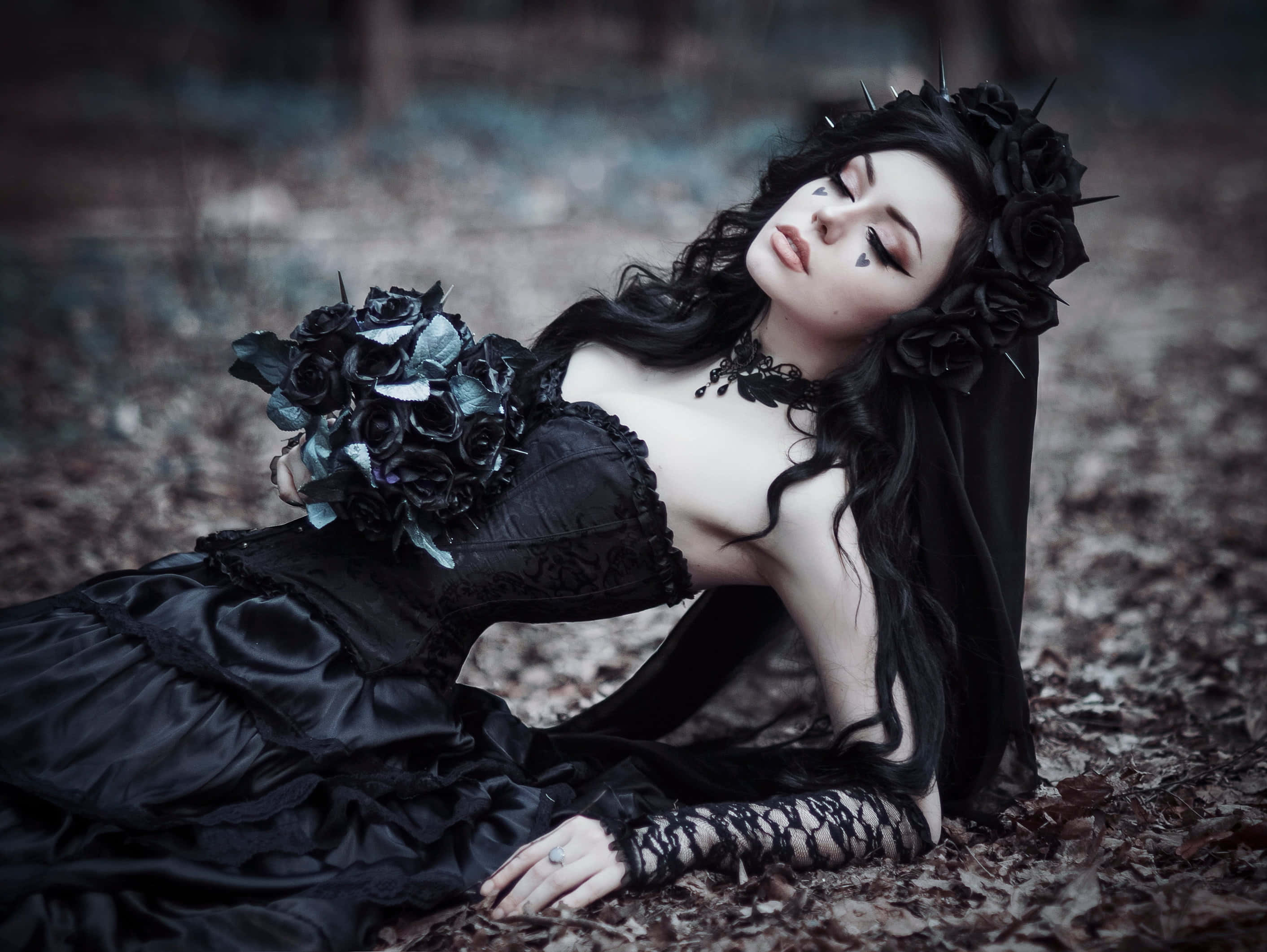 black gothic gown, rose crown, bouquet, 2K Desktop Wallpaper