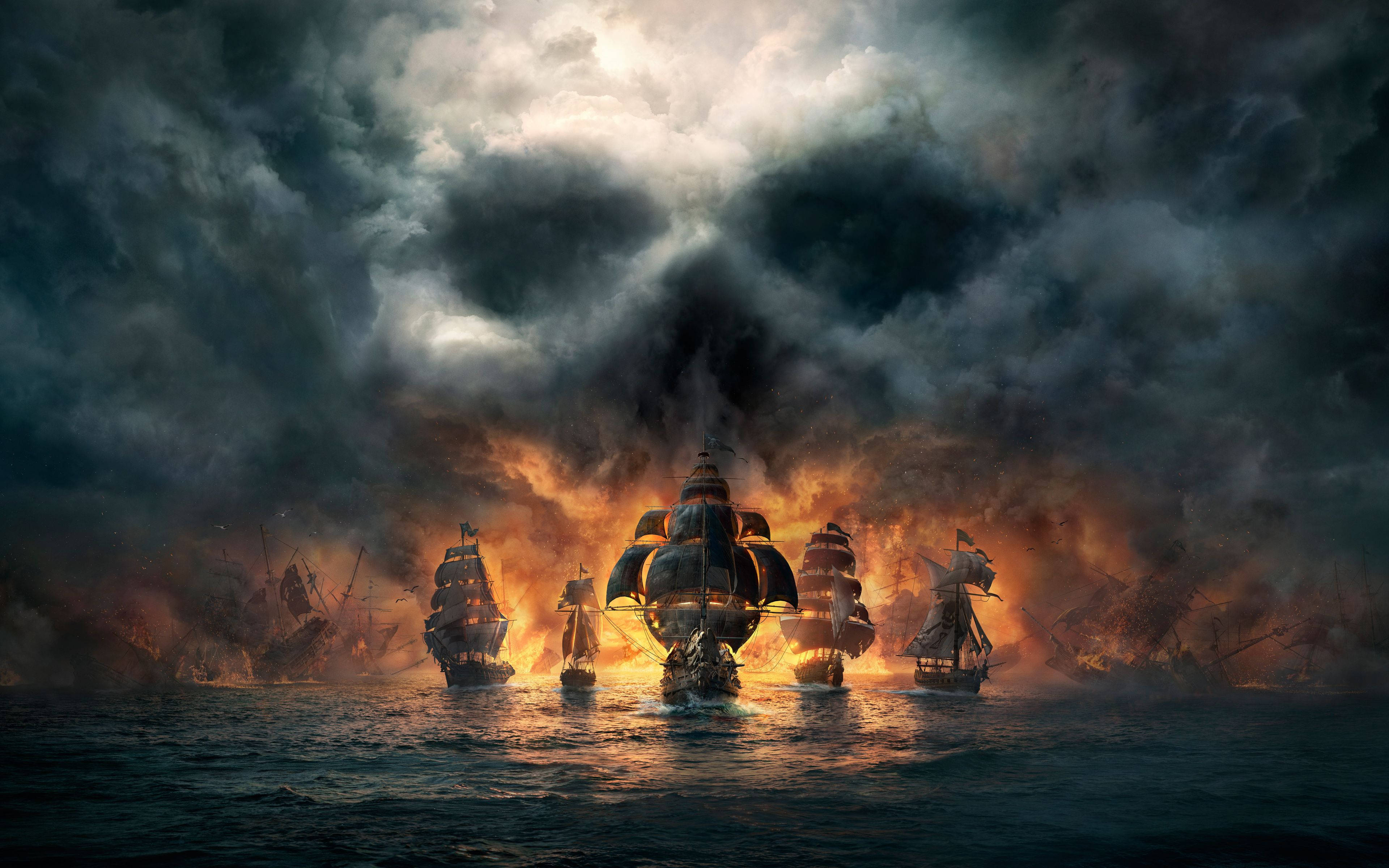 skulls and bones video game, naval battle, fiery sunset sky, 4K Desktop Wallpaper