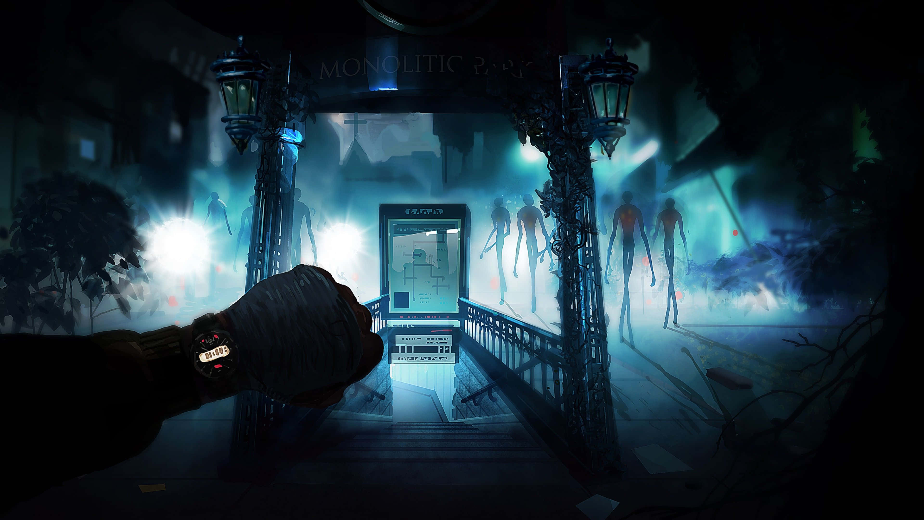 gloved hand, glowing tablet, eerie blue lights, 4K Desktop Wallpaper