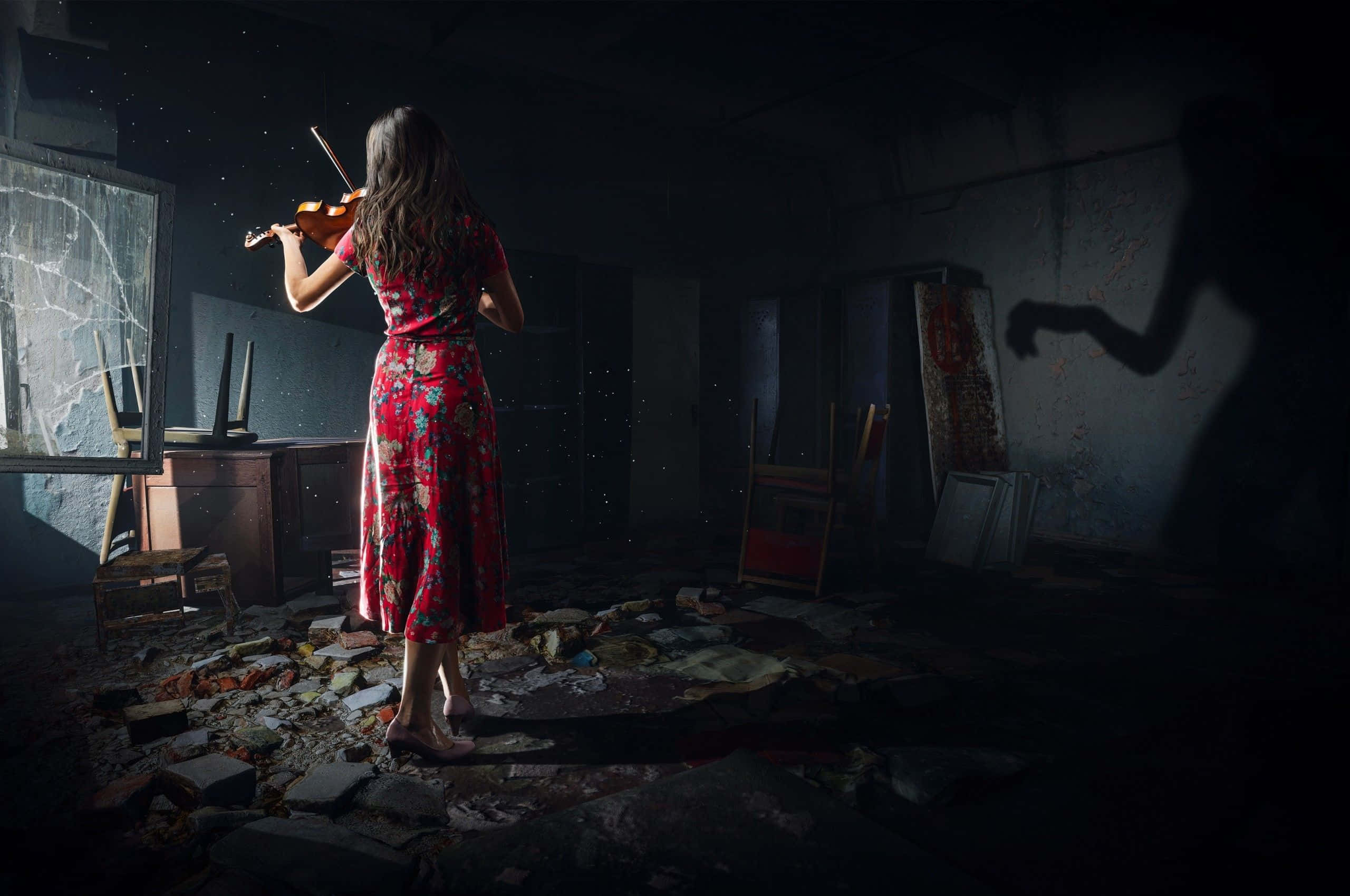 red floral dress, violin, dark abandoned room, 2K Desktop Wallpaper