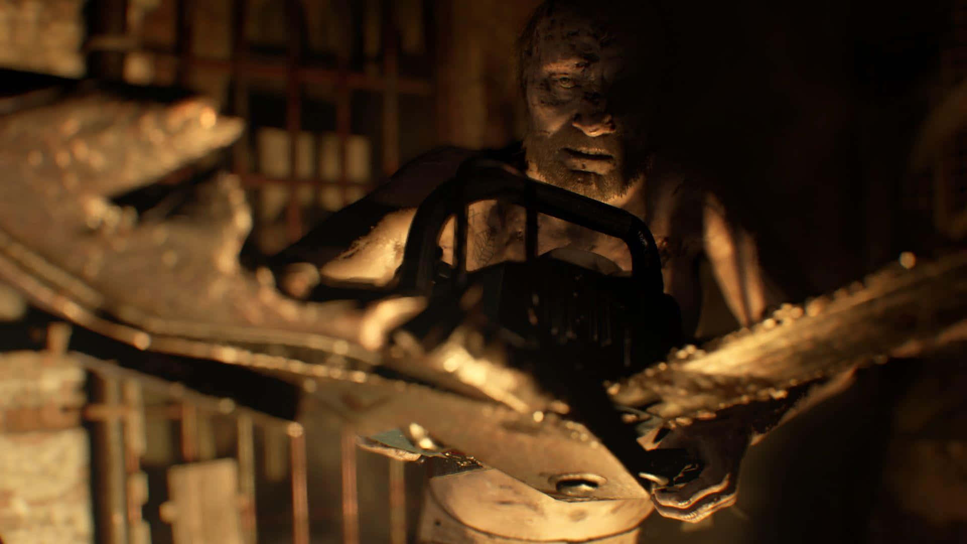 chainsaw-wielding zombie, dimly lit, rusty industrial setting, Full HD Desktop Wallpaper
