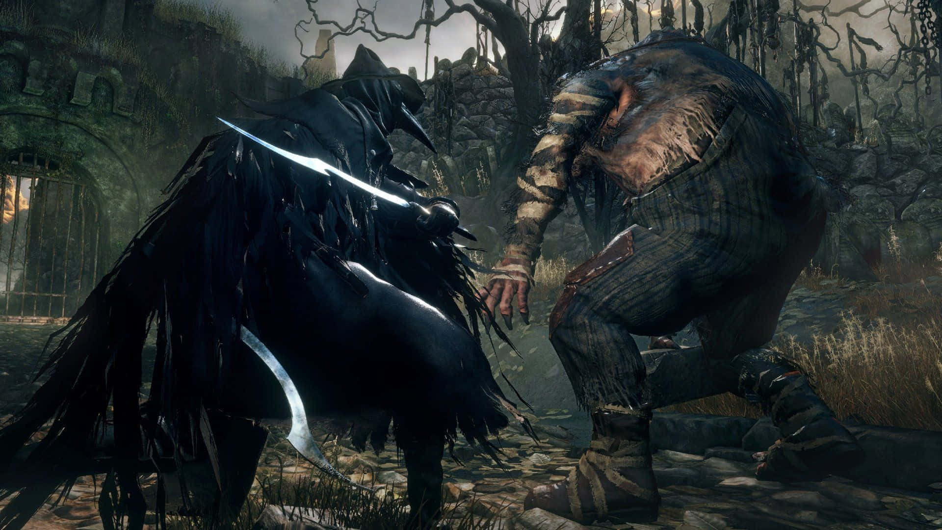 cloaked warrior, curved blade, hunched monstrous enemy, Full HD Desktop Wallpaper
