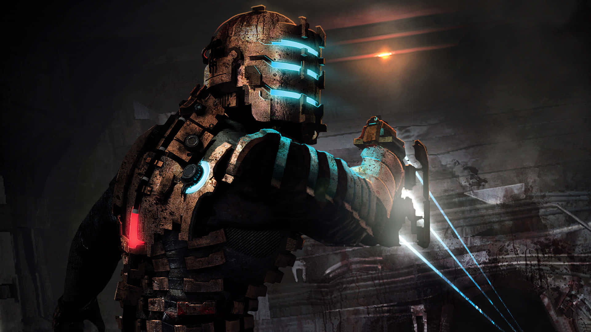 space marine, dim industrial setting, glowing blue weapon, Full HD Desktop Wallpaper