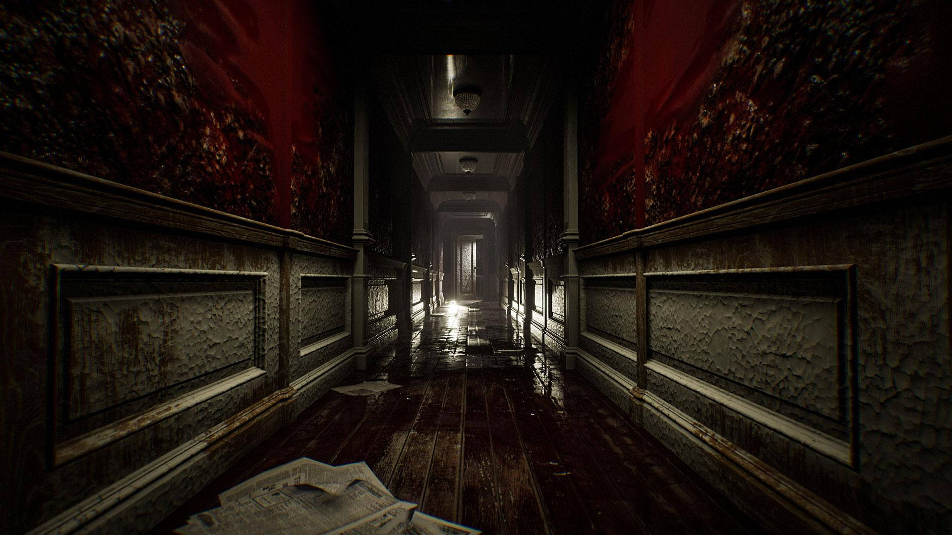 bloody red walls, dimly lit decaying hallway, peeling red wallpaper, Full HD Desktop Wallpaper