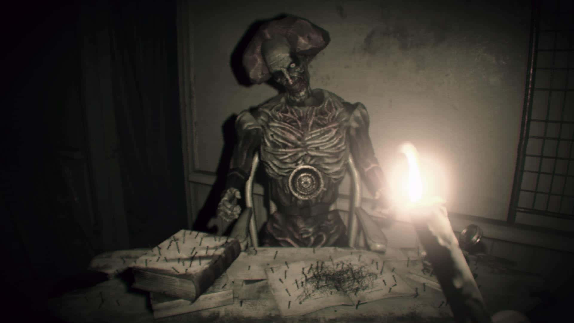 grotesque skeletal figure, tattered hat, table pinned with nails, Full HD Desktop Wallpaper