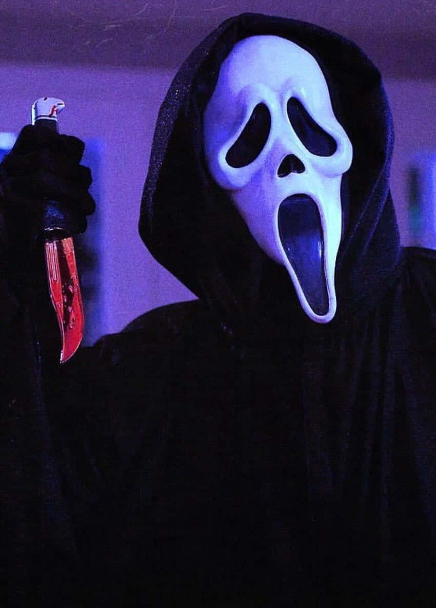 white ghost mask, black hood, bloody knife, SD Phone Wallpaper