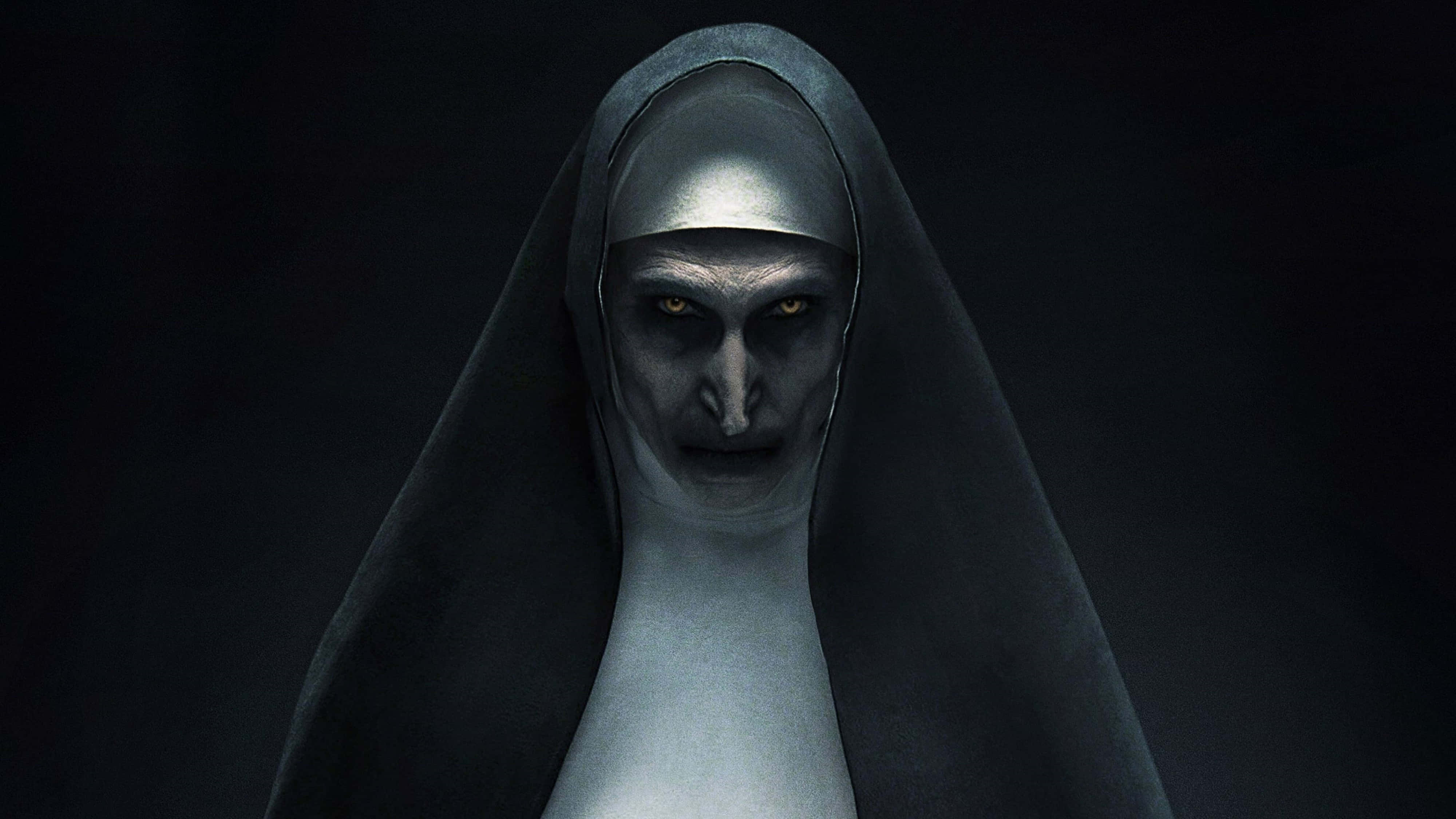 nun, glowing yellow eyes, dark void, 4K Desktop Wallpaper