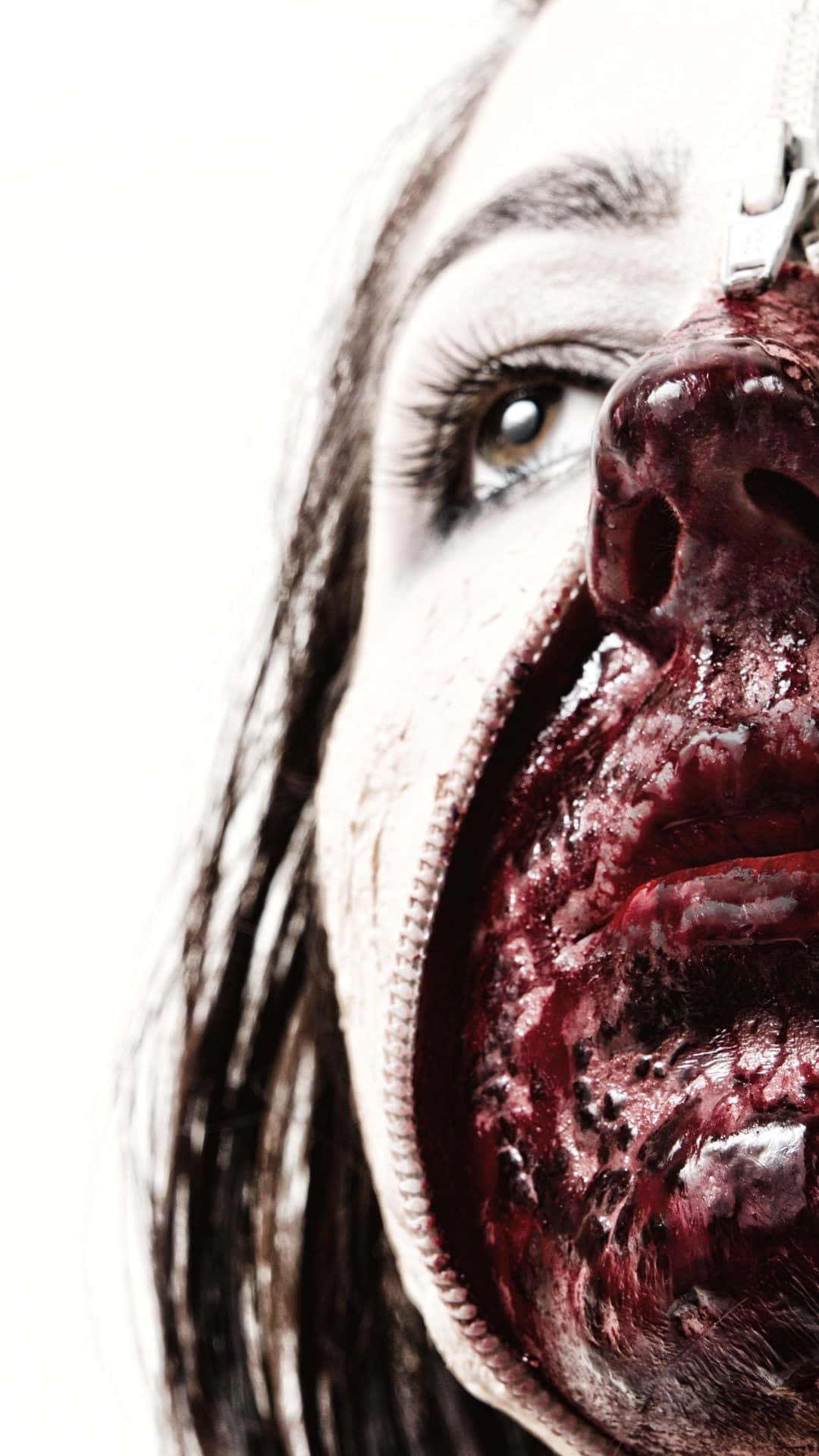 Horror iPhone, woman's face, zipper tearing open her mouth, Full HD Phone Wallpaper