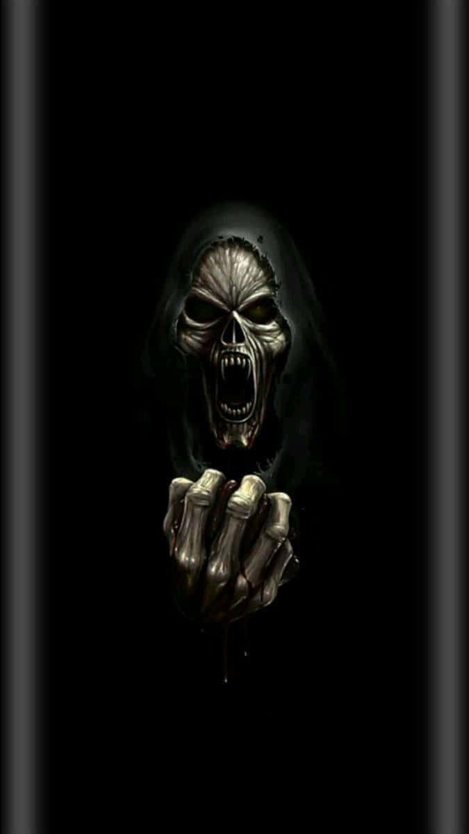 skeletal figure, hooded cloak, bared teeth, SD Phone Wallpaper