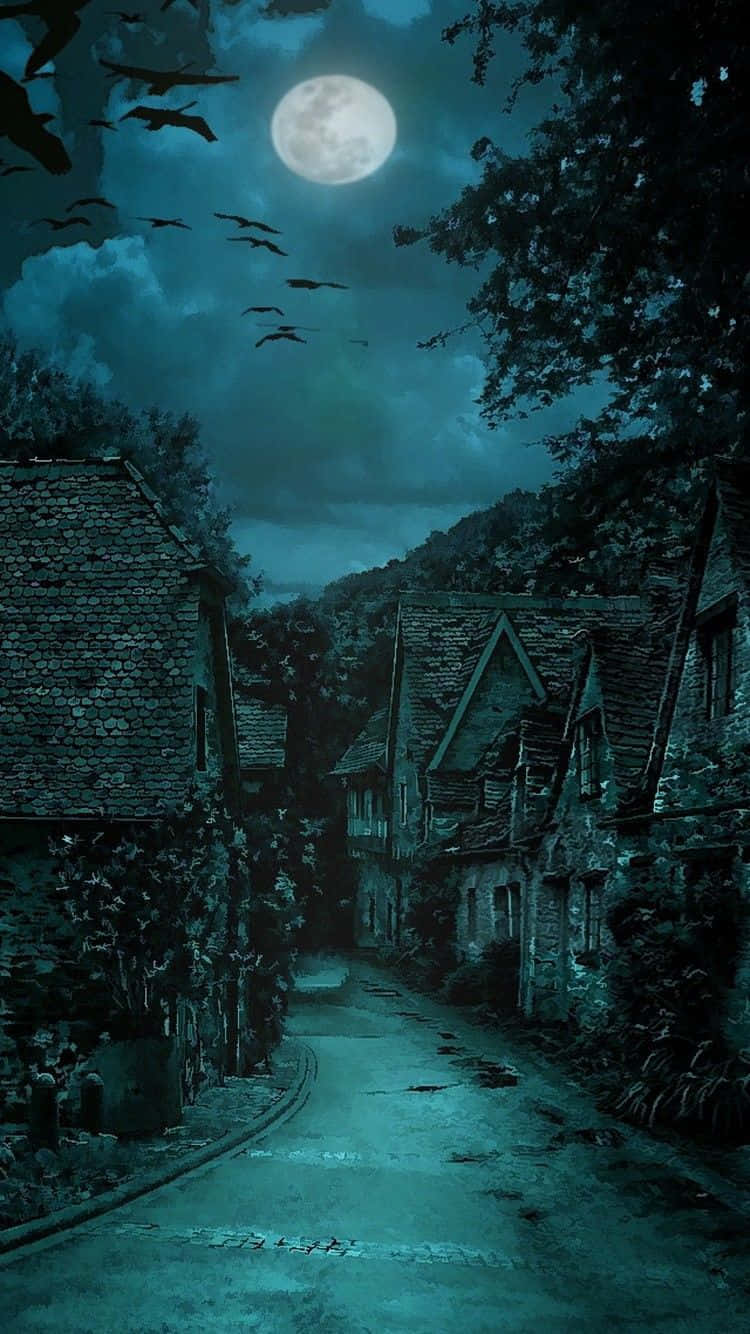 moonlit cobblestone village street, full moon, bats flying, HD Phone Wallpaper