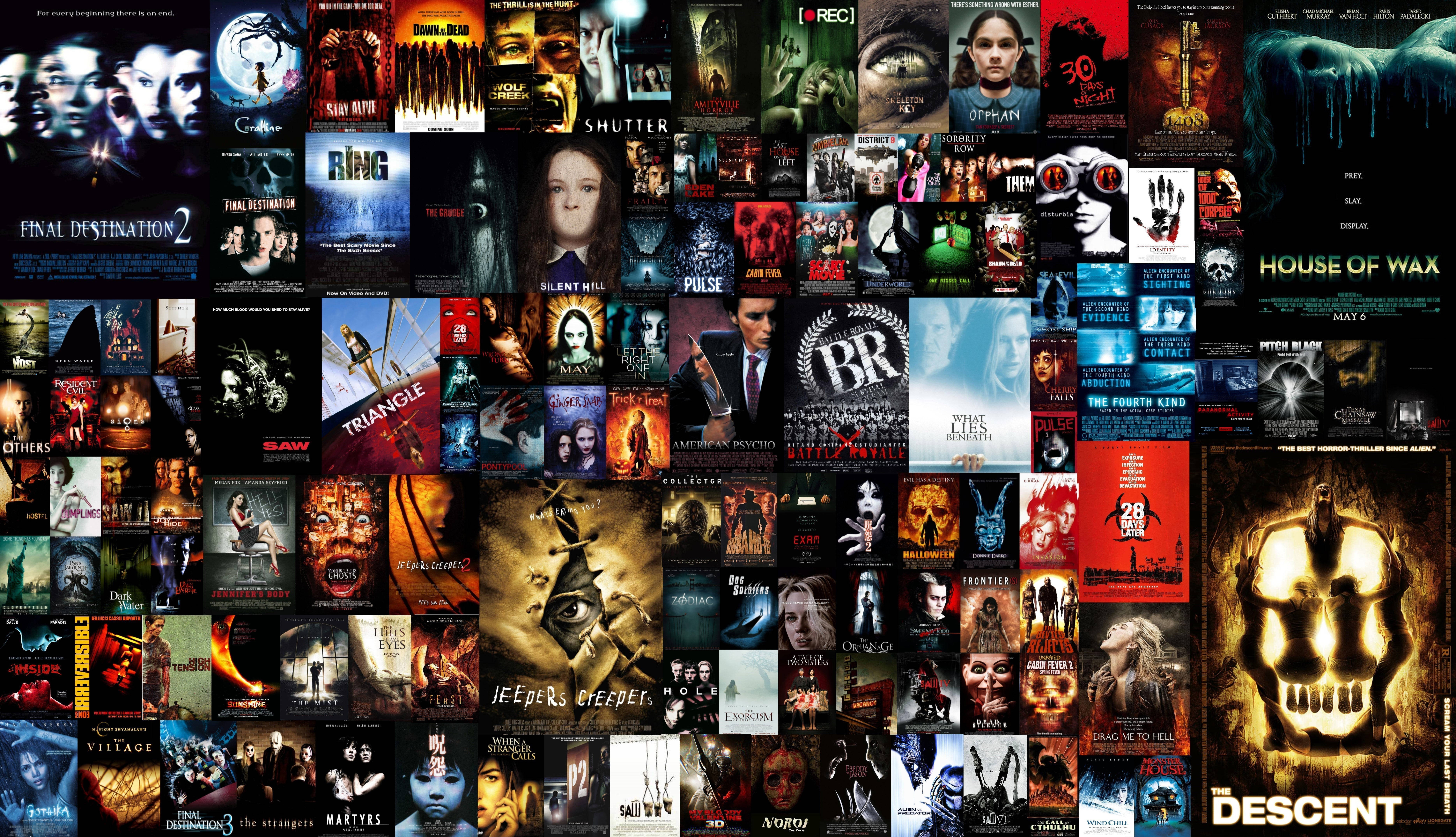 horror movie posters, eerie faces, bloody scenes, 5K Desktop Wallpaper