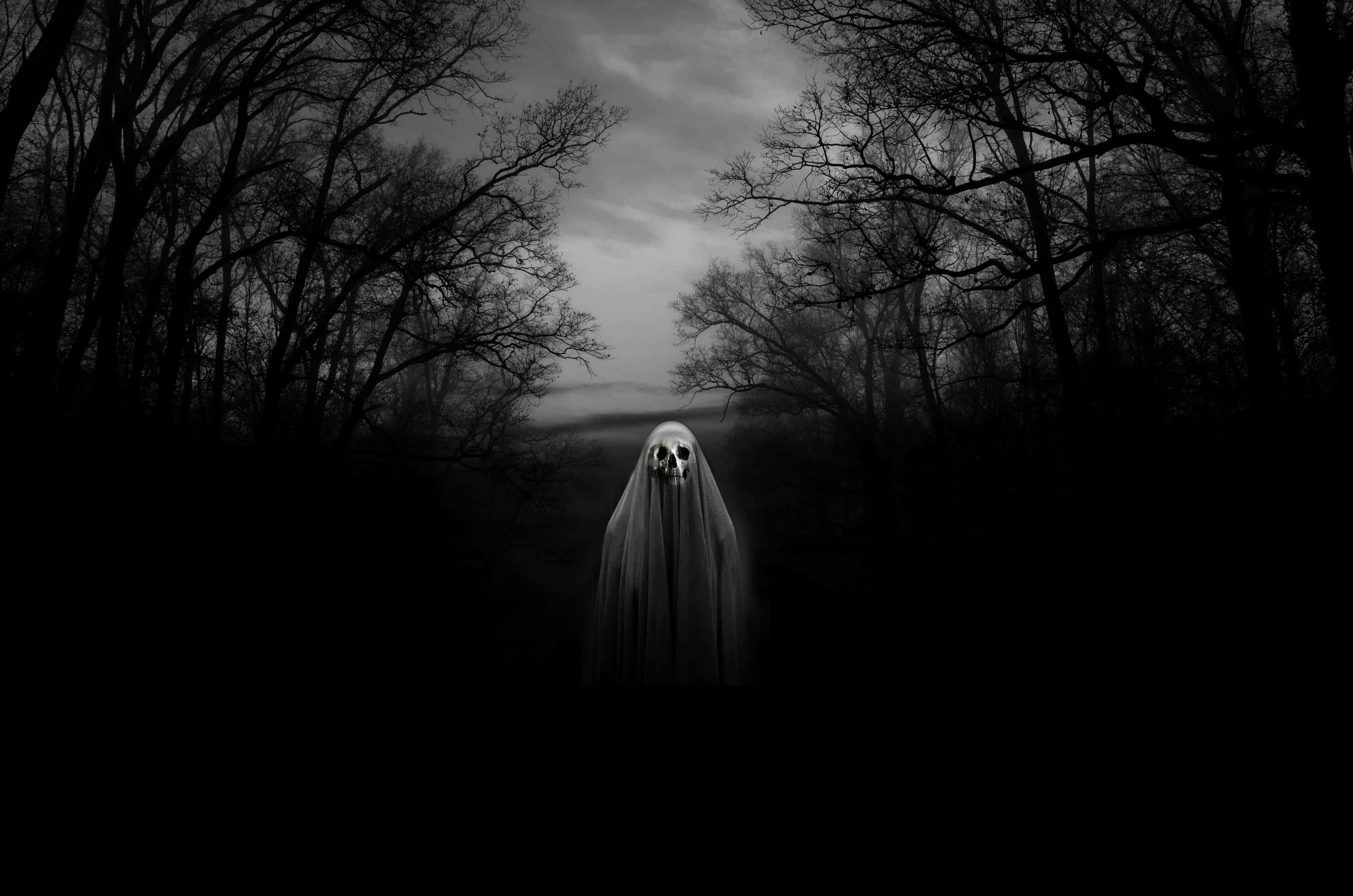 eerie spectral figure, dark forest, gloomy sky, 2K Desktop Wallpaper