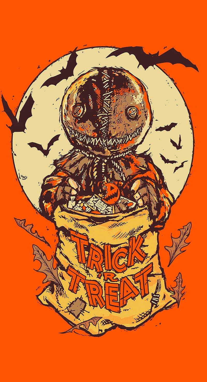 jack-o'-lantern-headed scarecrow, candy-filled sack, full moon, HD Phone Wallpaper
