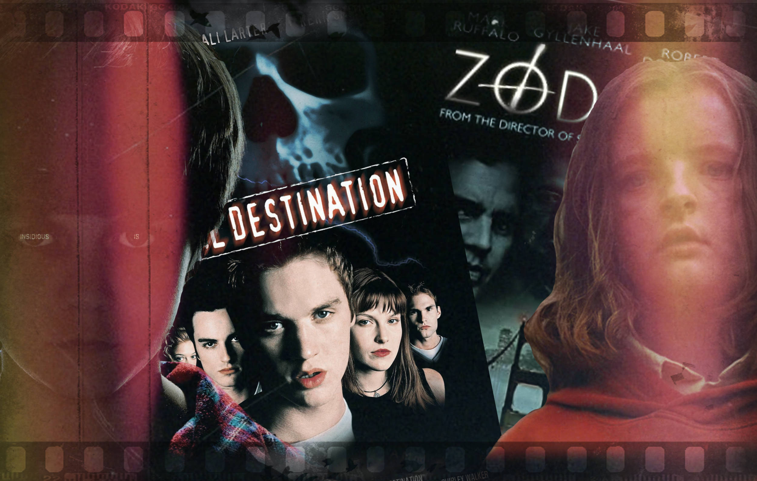 horror movie collage, film strip borders, glowing text, Full HD Desktop Wallpaper