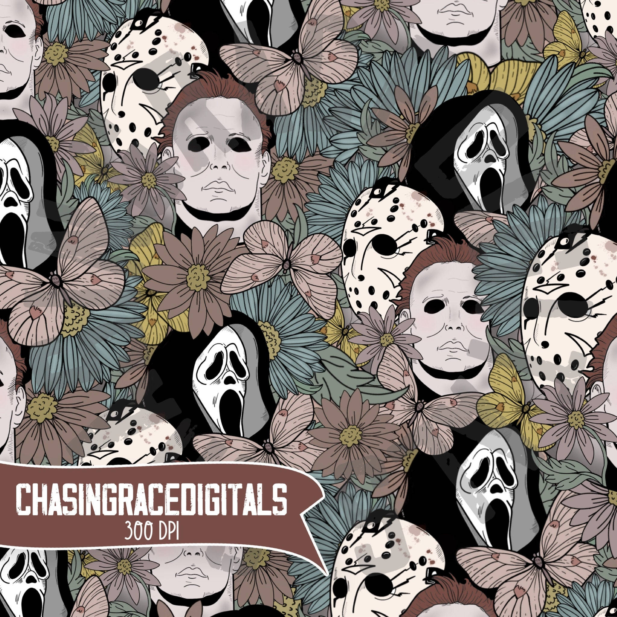 Horror Movie Collage, masks, butterflies, Full HD Desktop Wallpaper