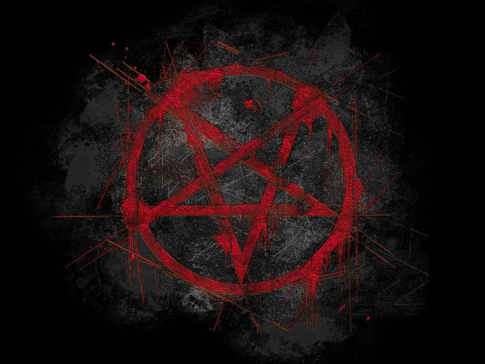black horror, red pentagram, blood-like stains, HD Desktop Wallpaper
