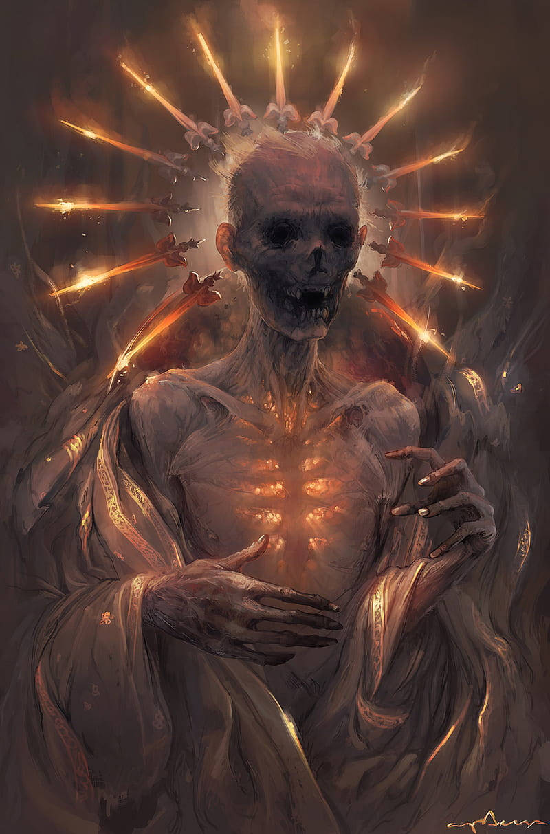 glowing orange ribs, fiery arrows, tattered robes, SD Phone Wallpaper