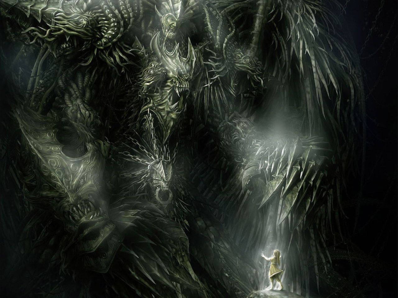 glowing figure, towering monstrous entity, intricate biomechanical armor, HD Desktop Wallpaper