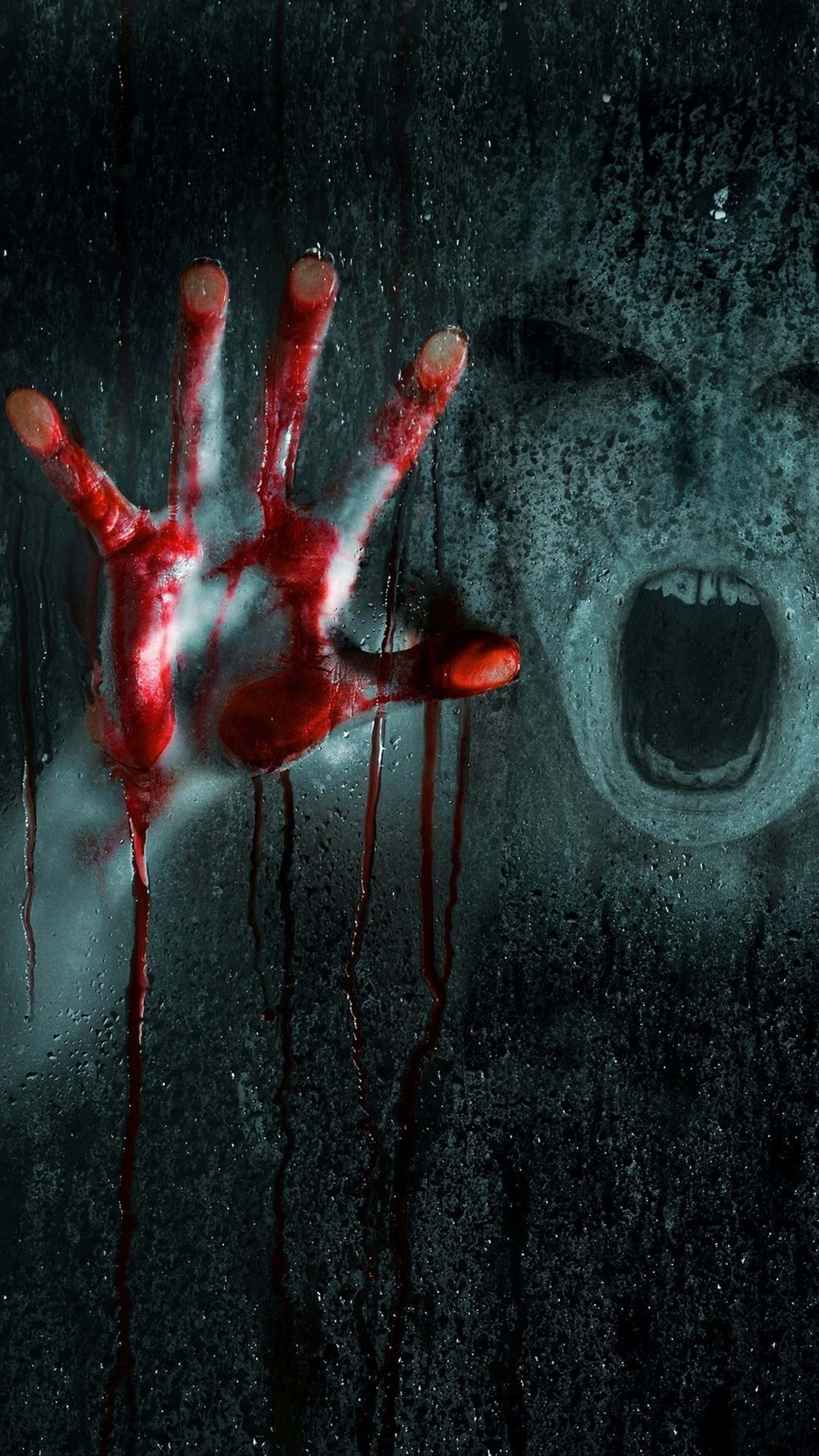 4K Horror, bloody hands, grimy window, 5K Phone Wallpaper