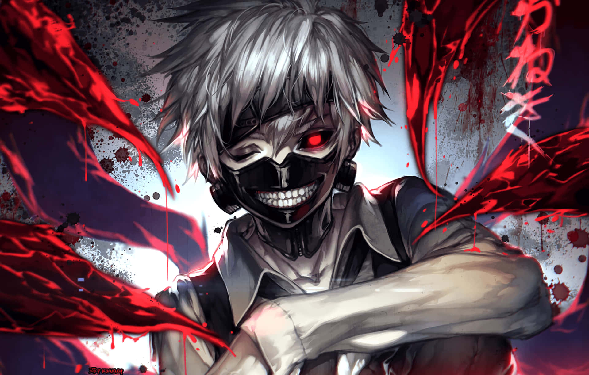 horror anime boy, silver hair, glowing red eyes, Full HD Desktop Wallpaper