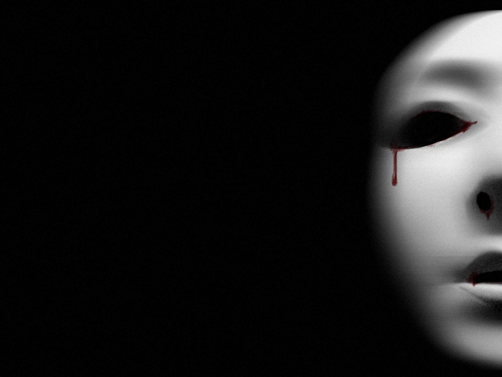 white mask, blood dripping from its eye, stark black background, HD Desktop Wallpaper