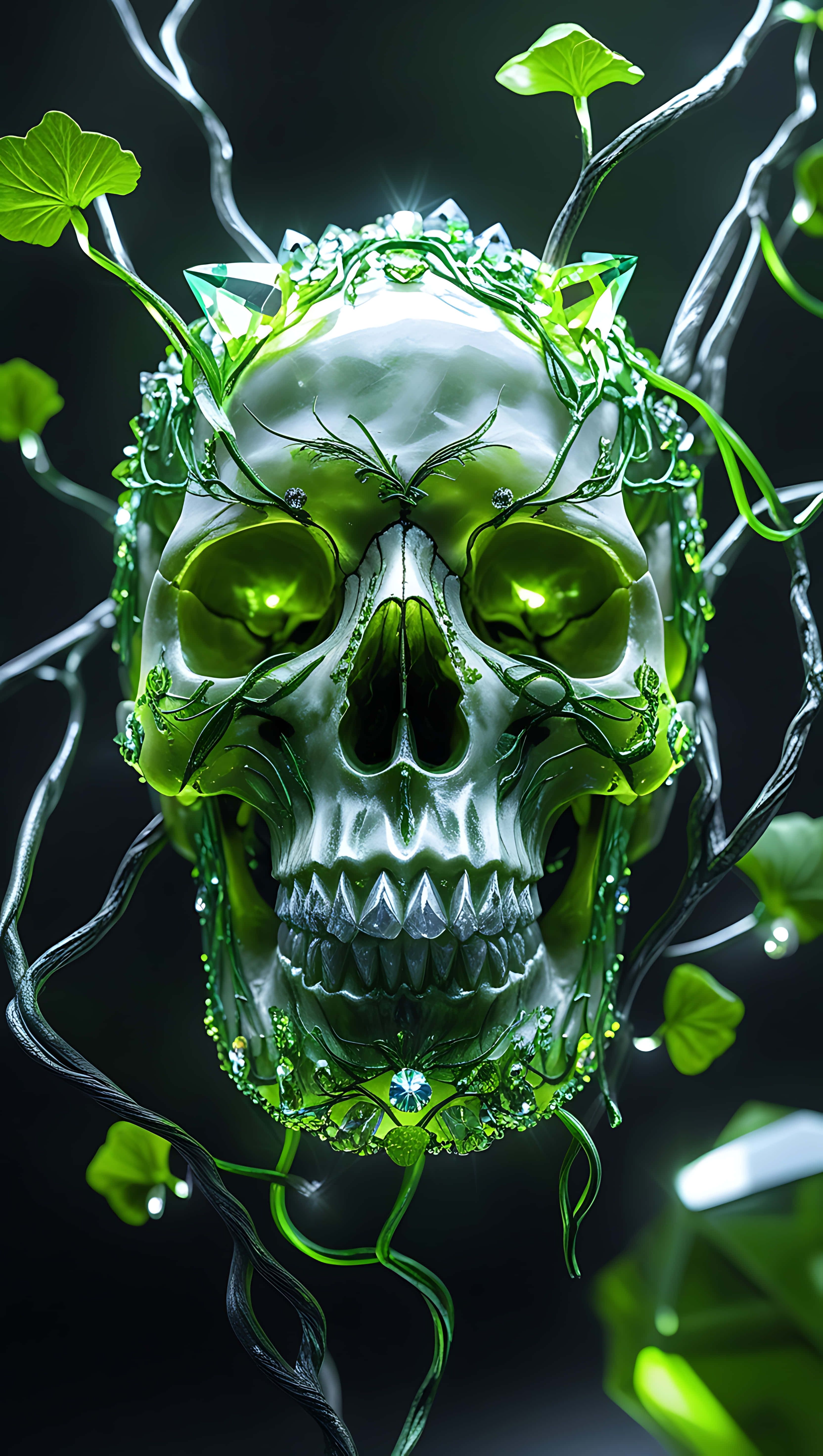 crystal skull, glowing green vines, luminous green, 5K Phone Wallpaper