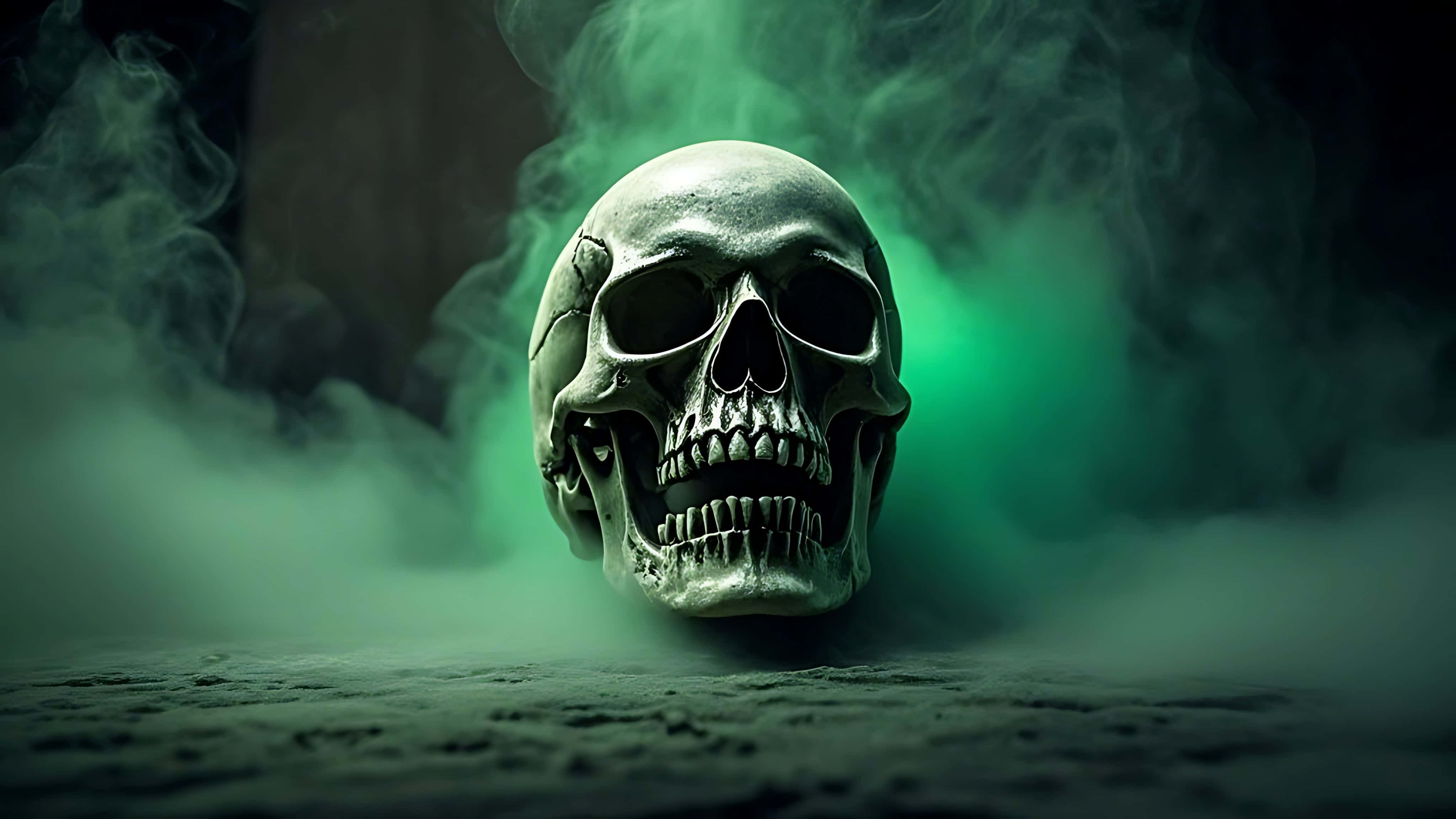 skull, green fog, fading screams, 4K Desktop Wallpaper