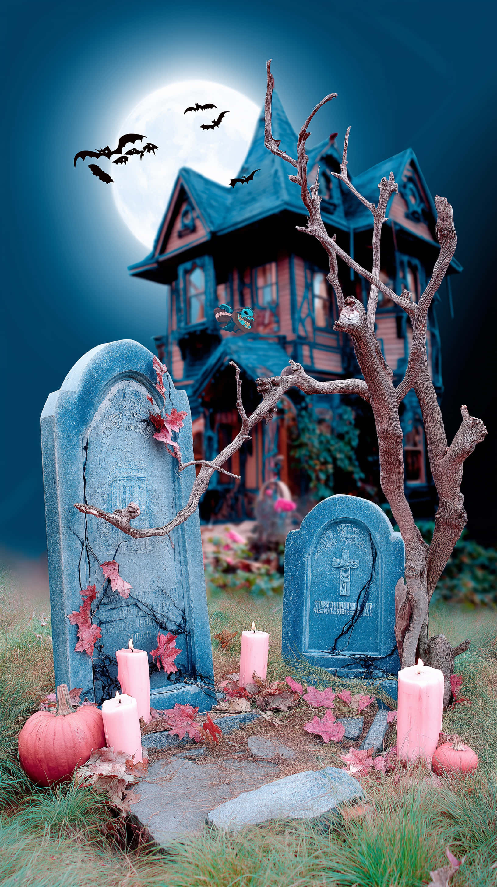 ghostly graveyard, haunted house, weathered tombstones, 2K Phone Wallpaper