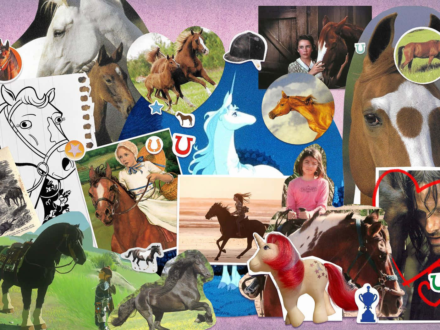 horse collage, purple background, real photos, HD Desktop Wallpaper