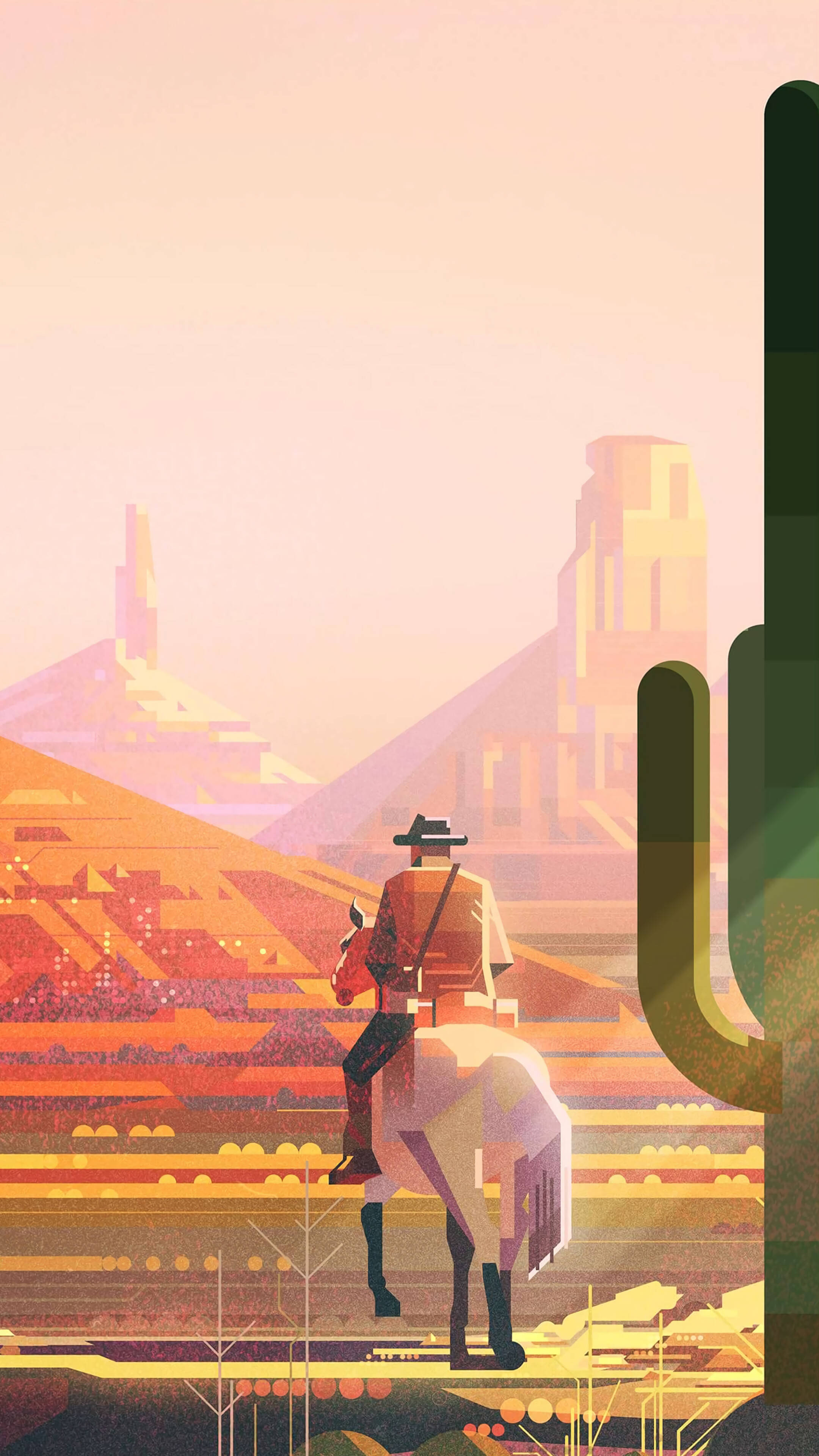 cowboy, horseback, desert ruins, 4K Phone Wallpaper