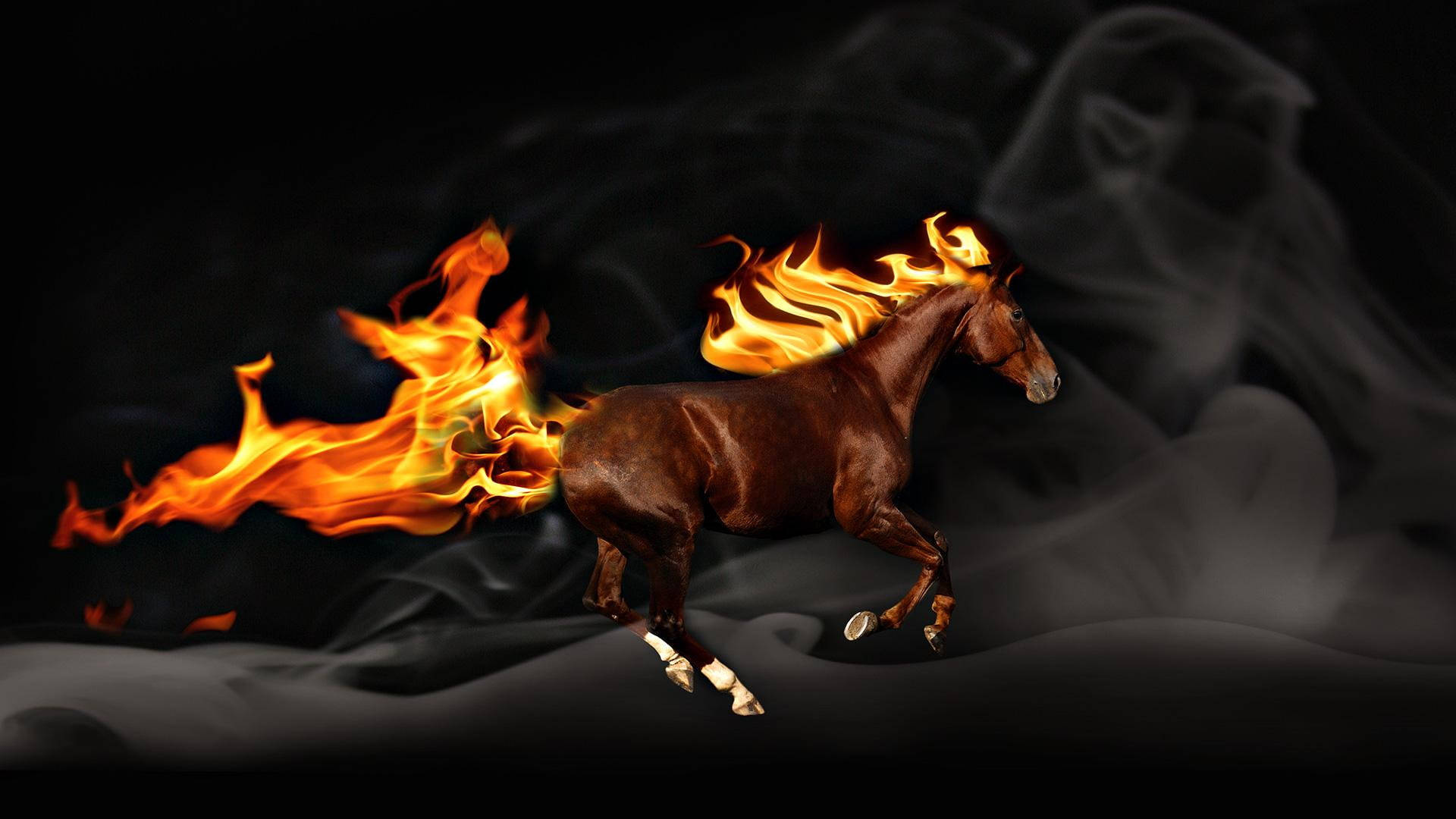 Fiery Brown Running Horse, flames erupting from its body, gallops through smoke, Full HD Desktop Wallpaper