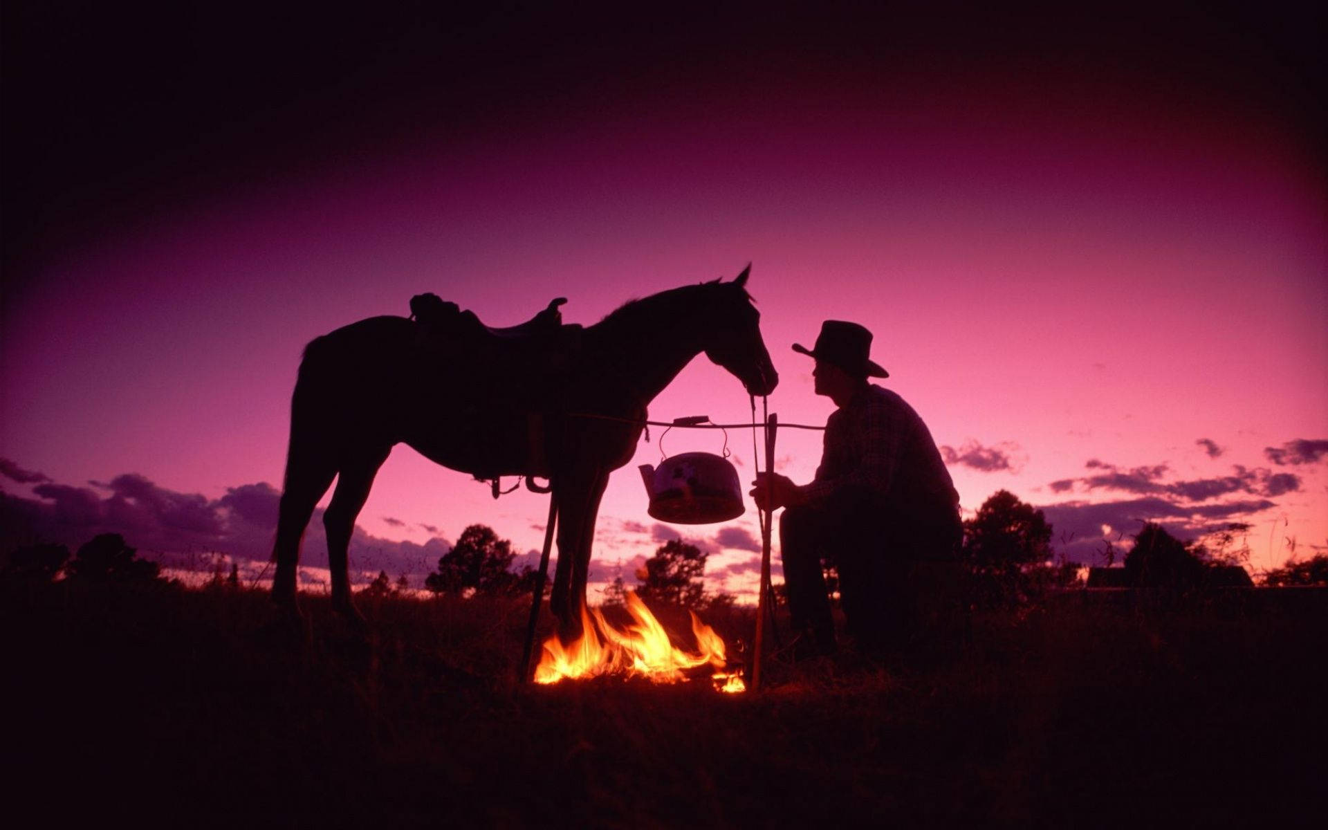Horse Red Dead Redemption 2, Cowboy Campfire, vibrant purple sunset, Full HD Desktop Wallpaper