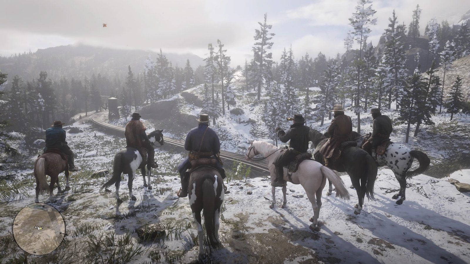 Red Dead Redemption 2, horseback, snowy forested mountain pass, HD Desktop Wallpaper