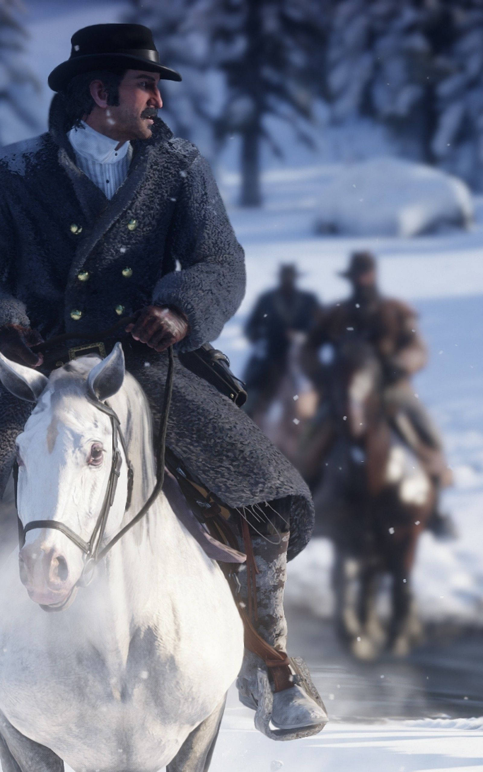 Horse Red Dead Redemption 2, white horse, snowy forest, 2K Phone Wallpaper