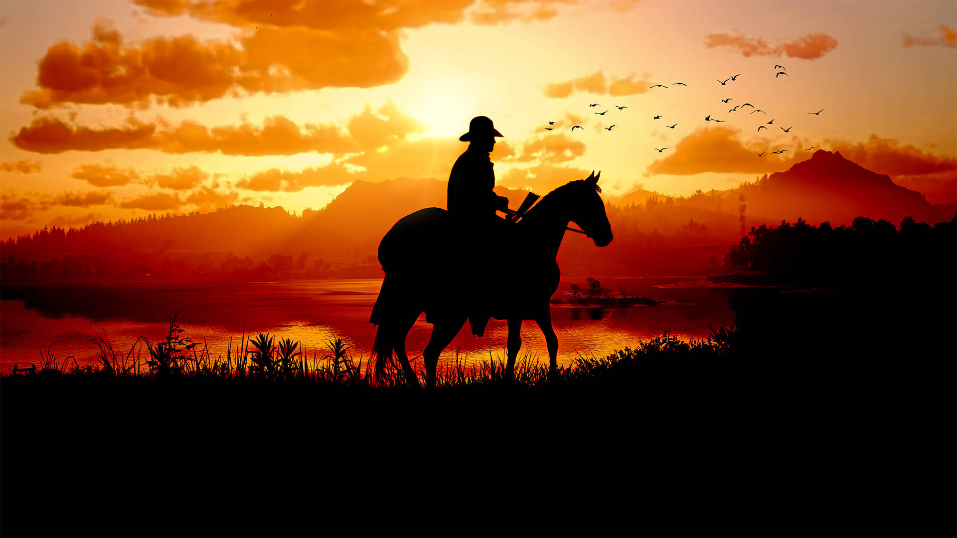 Red Dead Redemption 2, stallion, fiery sunset, Full HD Desktop Wallpaper