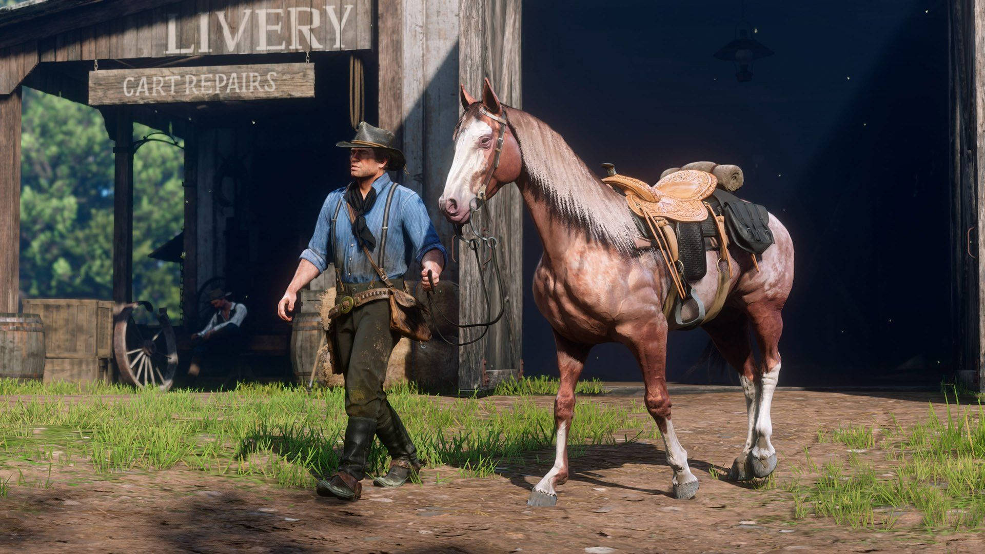 Red Dead Redemption 2, dappled horse, rustic livery stable, Full HD Desktop Wallpaper